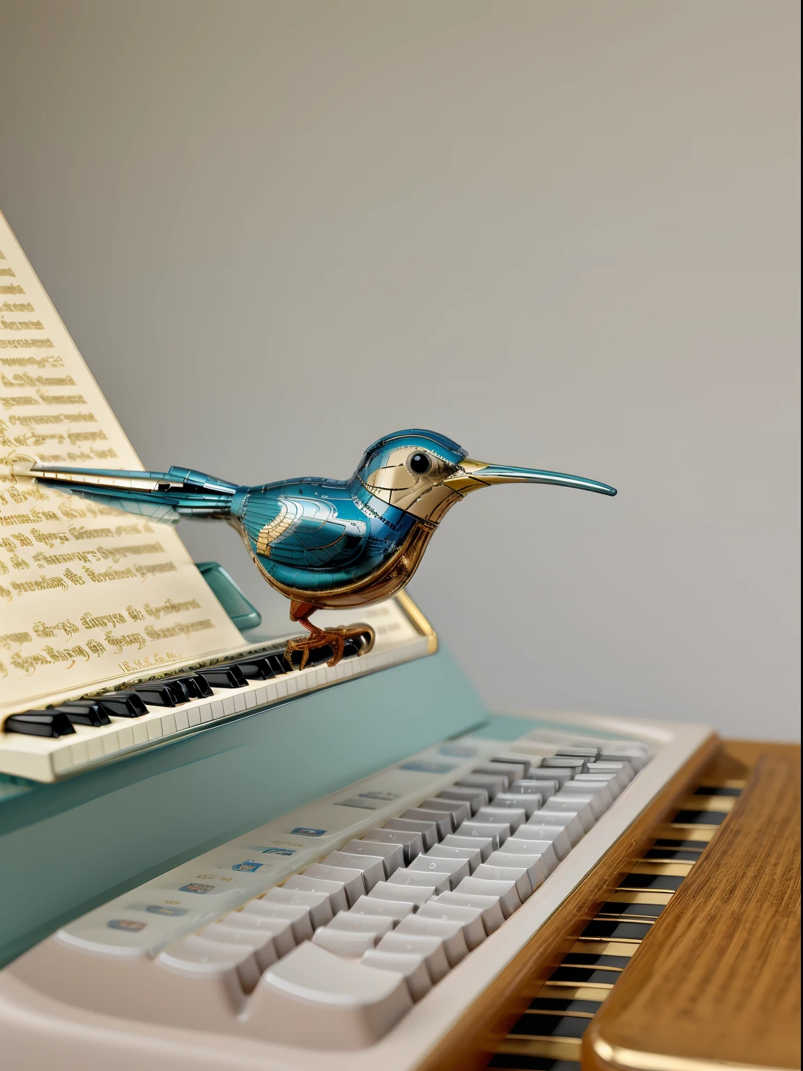 A classic glass /("Drinking Bird"/) toy, delicately perched on the edge of a keyboard, gently tapping away at the keys as if typing a message, mechanical bird, mindwarp.