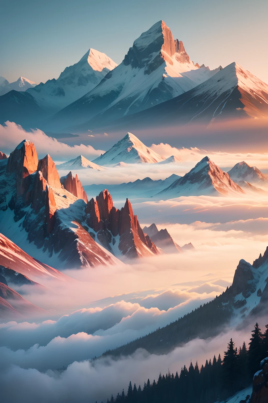 A serene mountain landscape with mist rolling through the valleys, nature, cold colors, 8k uhd, best quality, beautiful, intricate, ultra detailed, high resolution.