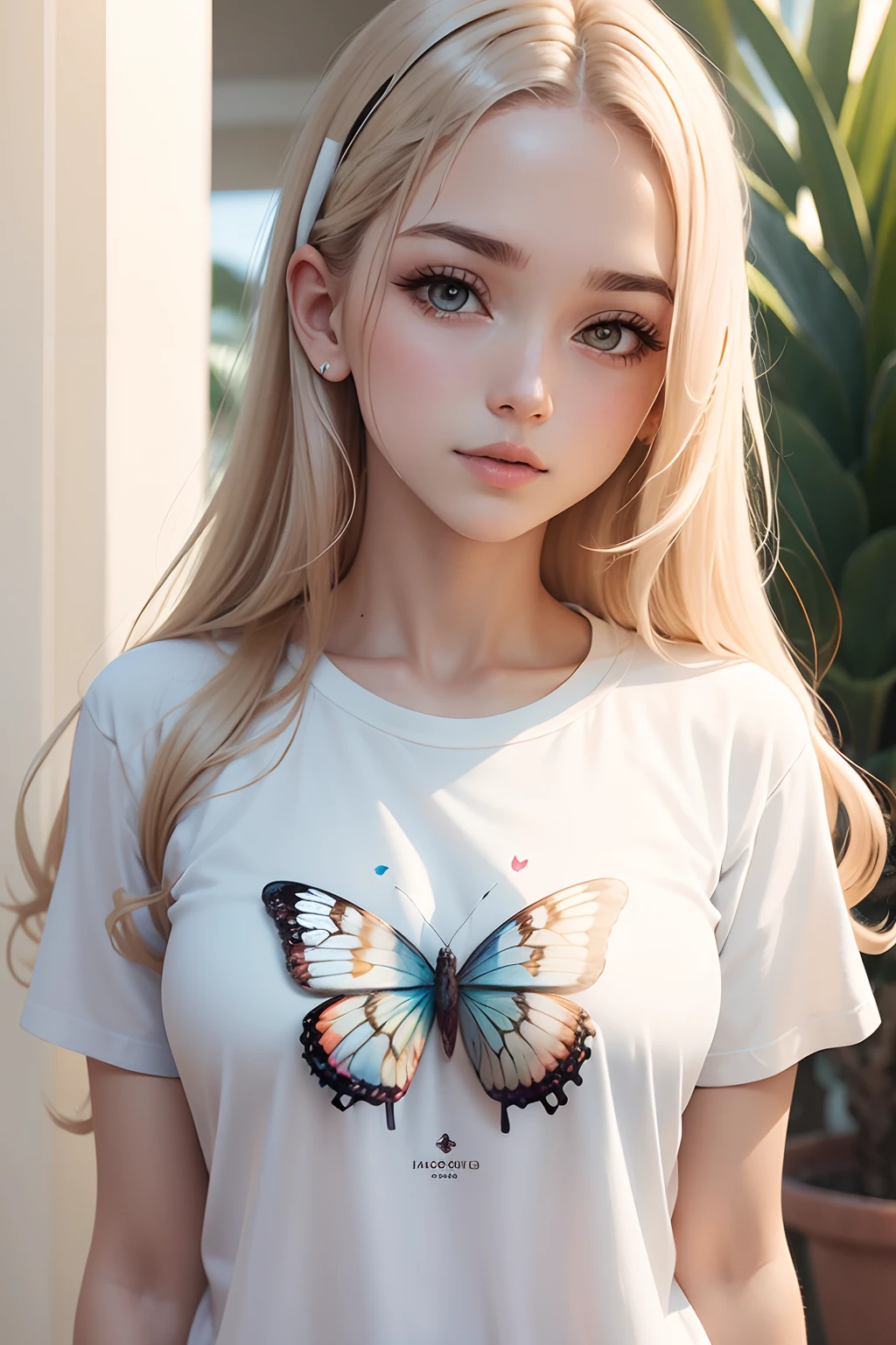Camiseta blanca, estampado de flores y mariposas coloridas, mangas cortas, logo Creme de la Creme