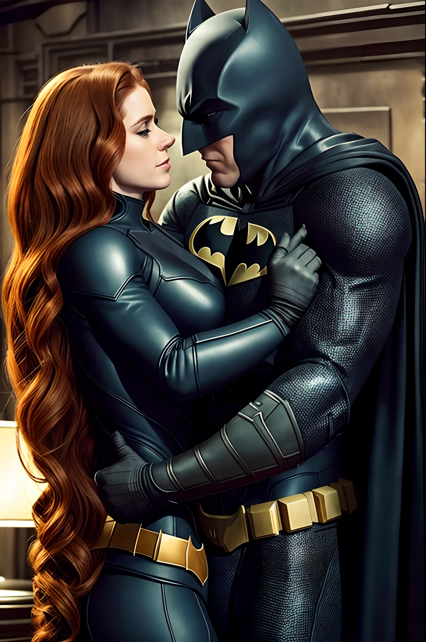 Amy Adams hugging Batman, They're in a romantic spot in the Batcave. --auto