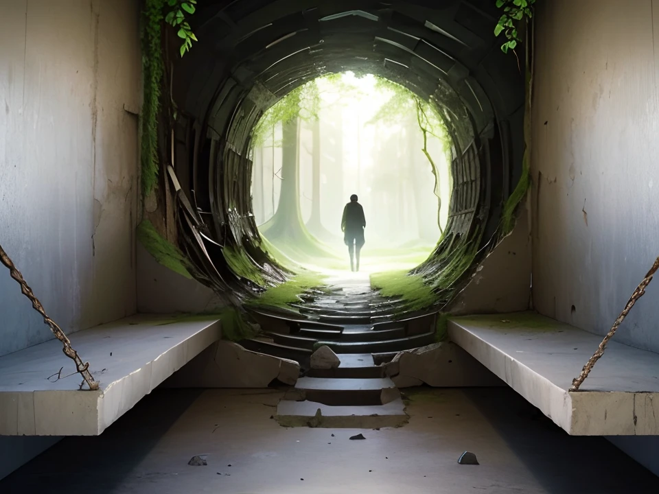 A blown up wall, crumbling hole, leading to a open forest
