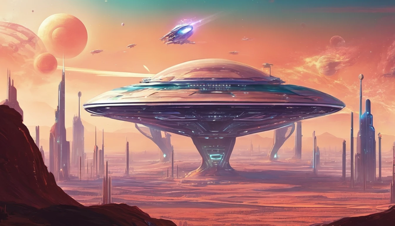 A distant planet with an alien city from the future, Flat spaceships flying in the air