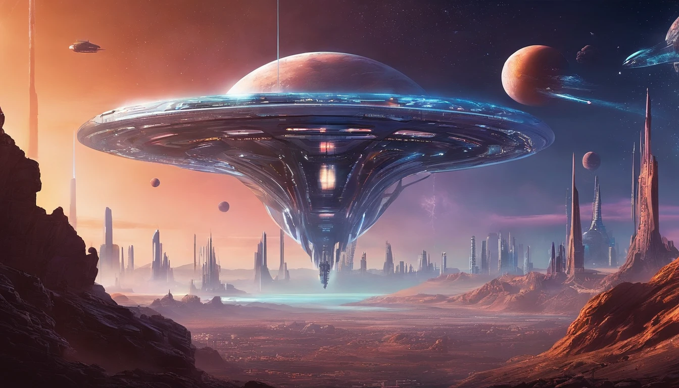 A distant planet with an alien city from the future, Flat spaceships flying in the air