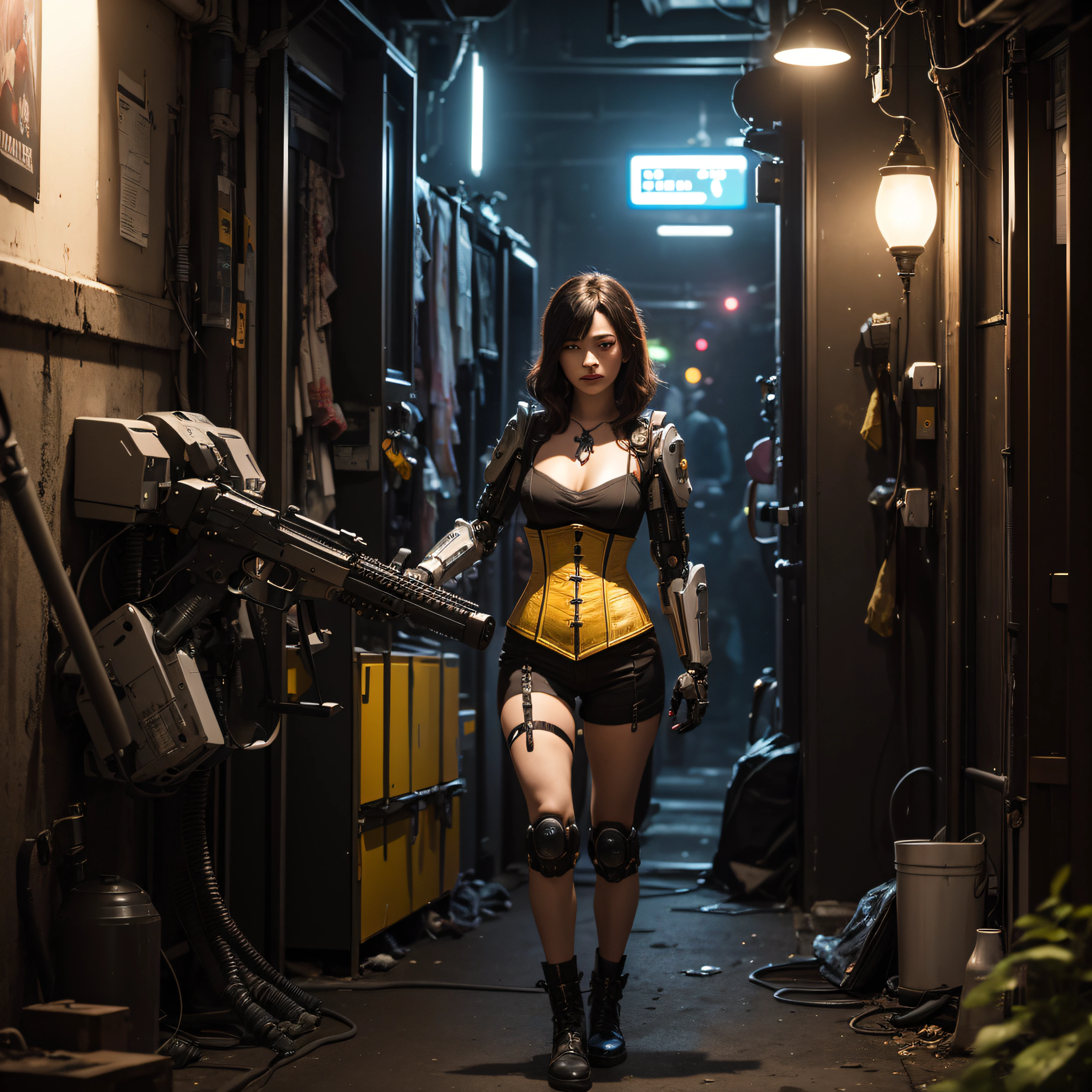 ((calidad superior)), ((obra maestra)), ((realista)), (Los detalles), (fotorrealista:1.5), Science-Fiction, HDR, Trazado de rayos, NVIDIA RTX, Los ultra-Highres, Irreal 5, Sub-Surface Scatterring, PBR texturizado, Post-procesamiento, Anisotropic filtering, Profundidad de campos, maximum sharpness and sharpness, Regla de los tercios、8K RAW、(Luminescent Particles:1.4)、(super-detailed CG、Unidad 8k Fondos de pantalla、lighting like a movie、destello de lente、foco nítido. Girl with yellow corset, Robotic Parts, Cannon fire, guerra urbana, Armas, pistola, Arte cyberpunk、arquitectura cyberpunk