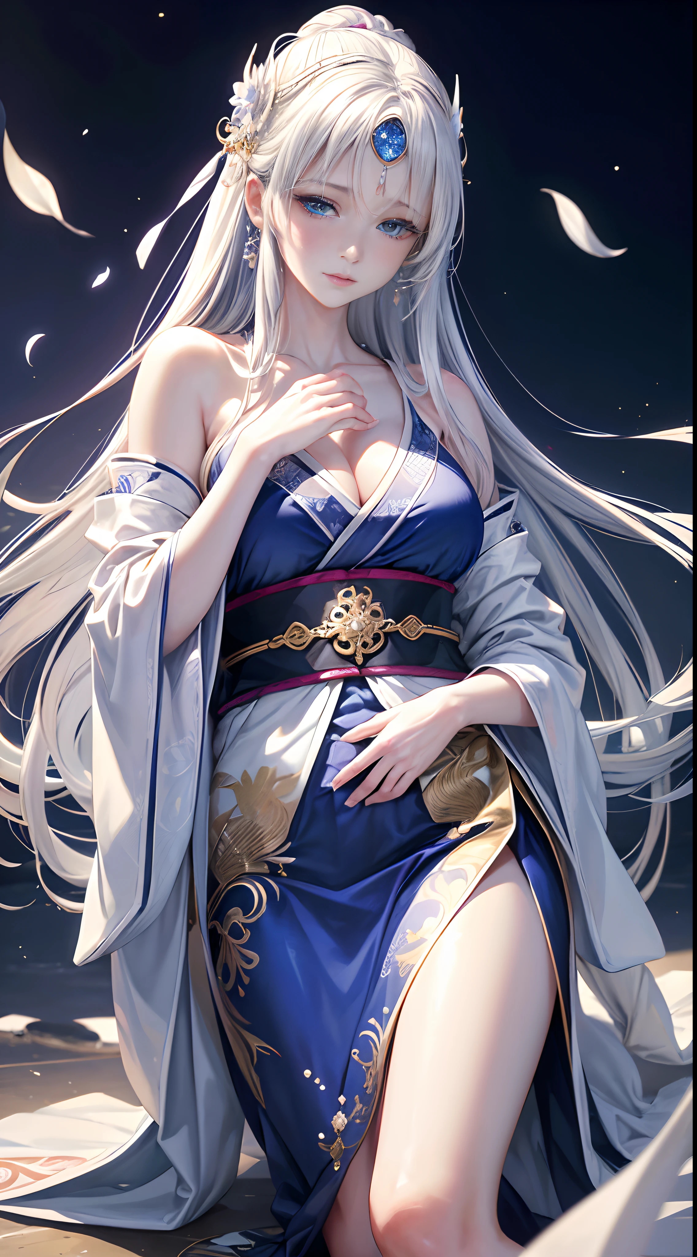 (best quality,4k,8k,highres,masterpiece:1.2),ultra-detailed,(realistic,photorealistic,photo-realistic:1.37),beautiful woman,long white hair,sapphire blue eyes,crescent moon symbol on forehead,white and blue Japanese empress outfit,serene expression,graceful posture,ethereal background,floating sakura petals,elegant fan,delicate folding screen,traditional Japanese setting,pale skin,subtle blush,slender fingers,soft and smooth appearance,radiant aura,sublime beauty,colored hairpins,jeweled hair accessories,sublime beauty,midnight blue kimono with silver embroidery,subtle gradient light,sublime beauty,silvery moonlight casting a gentle glow,peaceful atmosphere,magical atmosphere