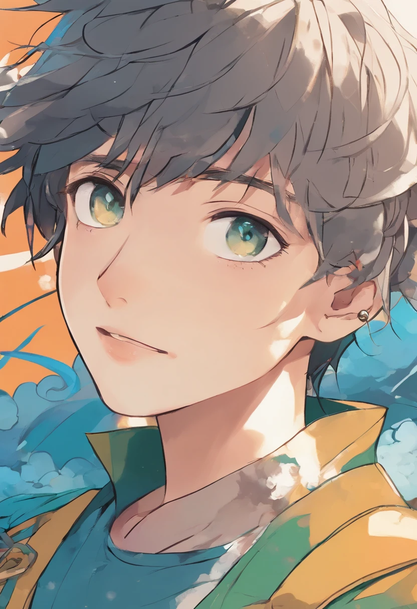 a boy anime style, Ghibli-like colors, film grain, image fill, god rays, jpeg artifacts, UHD, anatomically correct, high details, best quality, highres, high quality, retina, textured skin, award-winning, 1080P, HD, 4K, 8k, 16k, super detail, accurate, masterpiece, lovely face black hair with green and blue streaks
