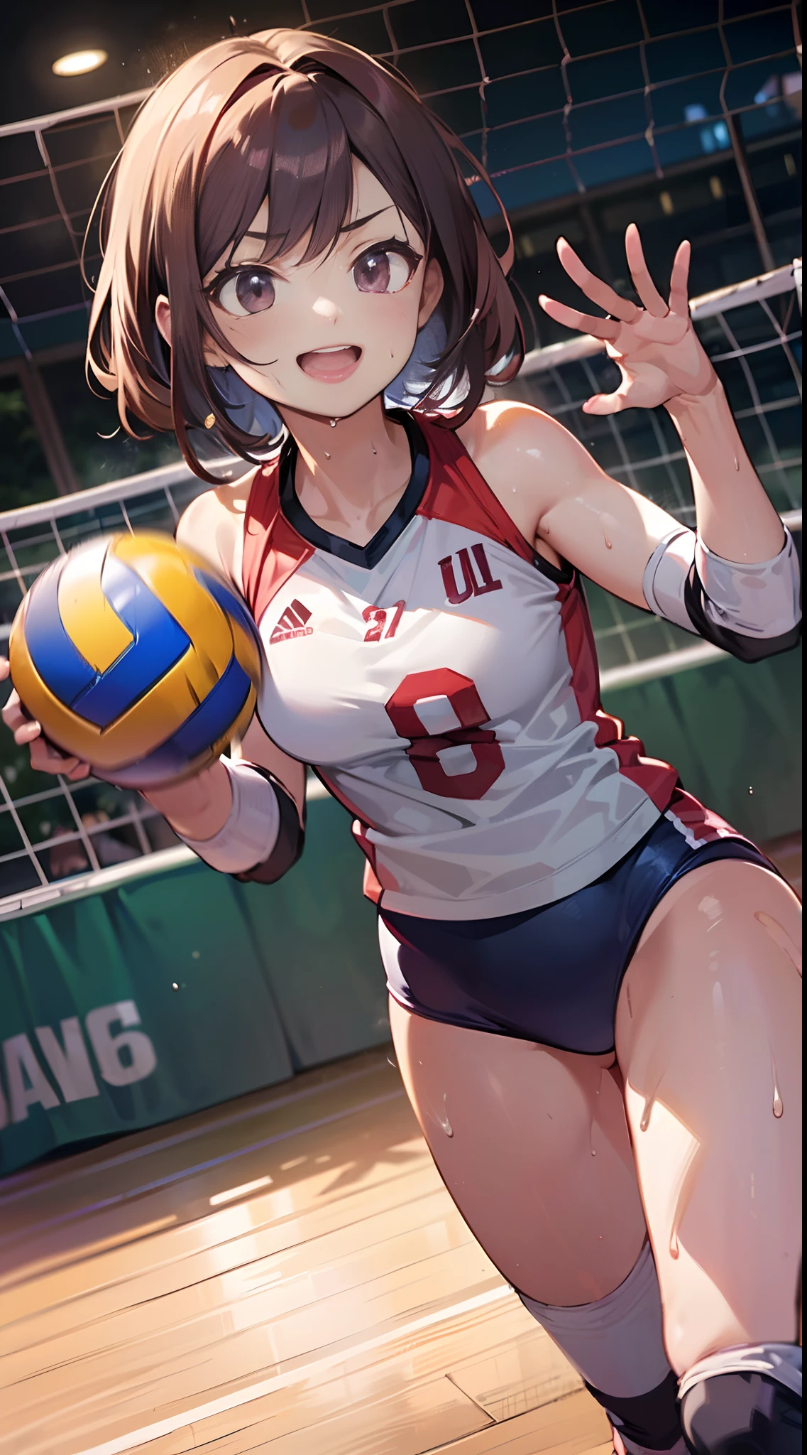 ((((perfect anatomy, anatomically correct, super detailed skin)))), 1 girl, japanese, , volleyball player, shiny skin, watching the view, 
beautiful hair, beautiful face, beautiful detailed eyes, brown eyes, (short hair:1.4, twintails:1.7), babyface, monder eye, 
beautiful collarbones, beautiful body, beautiful breasts, beautiful thighs, beautiful legs, large breasts:0.5, seductive thighs, cameltoe, bare arms, bare hands, bottomless, break, 
((symmetrical clothinetallic)), (((buruma), sleeveless volleyball uniform)), break, 
(((((brown rope)), shibari:1.5, (shibari over clothes)))), ((arms behind head:1.5), breasts bondage, arms bondage, legs bondage), (((toys in panties))), 
((ashamed, open mouth)), ((kneeling, spread legreak, 
(beautiful scenery), evening, day, ((volleyball gymnasium, volleyball cort)), 
(8k, top-quality, masterpiece​:1.2, extremely detailed), (photorealistic:1.2), beautiful illustration, cinematic lighting,