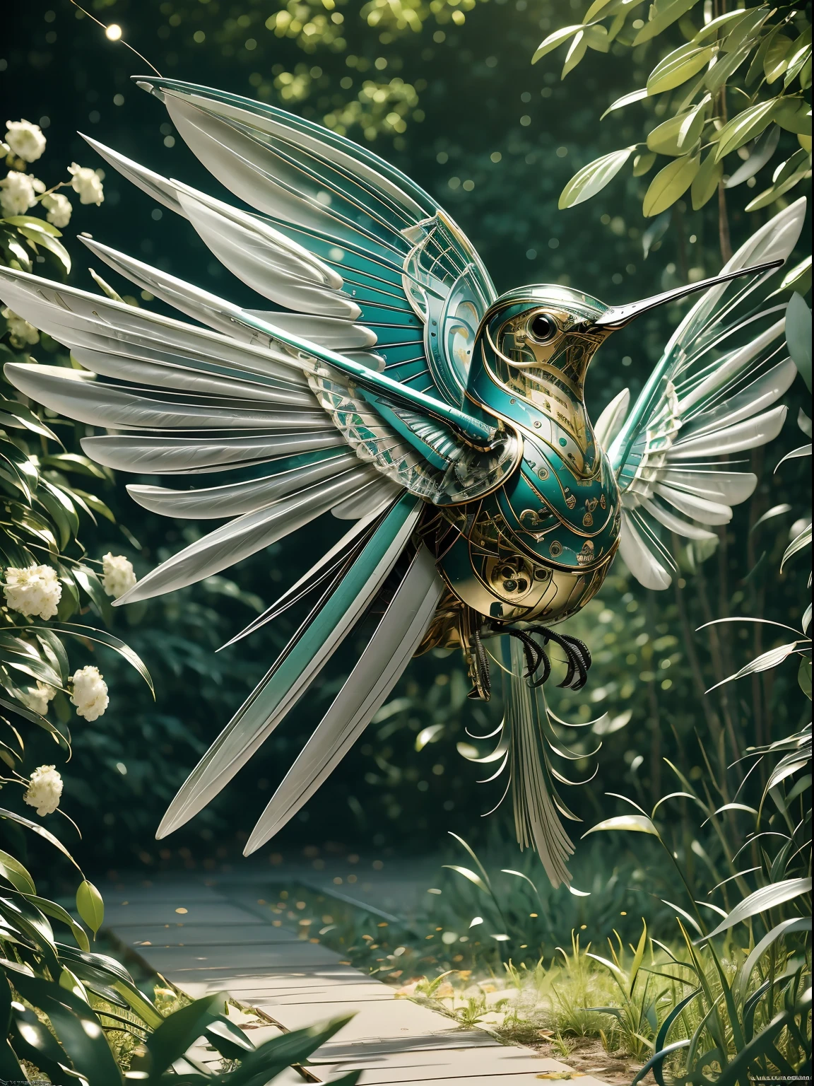 A delicate, bio-mechanical hummingbird with intricately designed, intertwining metal and feather components, sipping nectar from a vibrant flower speaker in a lush garden. mechanical bird, mindwarp, elemental, atmospheric, luminescent particles in the air, [mischief], [magic], [iridescence], meticulous, intricate, intimate, nuanced, film grain, vibrant, ray-traced caustics, subsurface scattering, soft lighting, masterpiece, masterwork, top quality, best quality, highest quality, highest fidelity, highest resolution, highres, highest detail, highly detailed, hyper-detailed, detail enhancement, deeply detailed, awe inspiring, breathtaking, super-resolution, megapixel, UHD, HDR, FHD, 8k, 16k, 32k, 64k, high dynamic range, insanely detailed, beautifully color graded, post processing, post production, dynamic tone mapping, volumetric, ultra-detailed, super detailed.