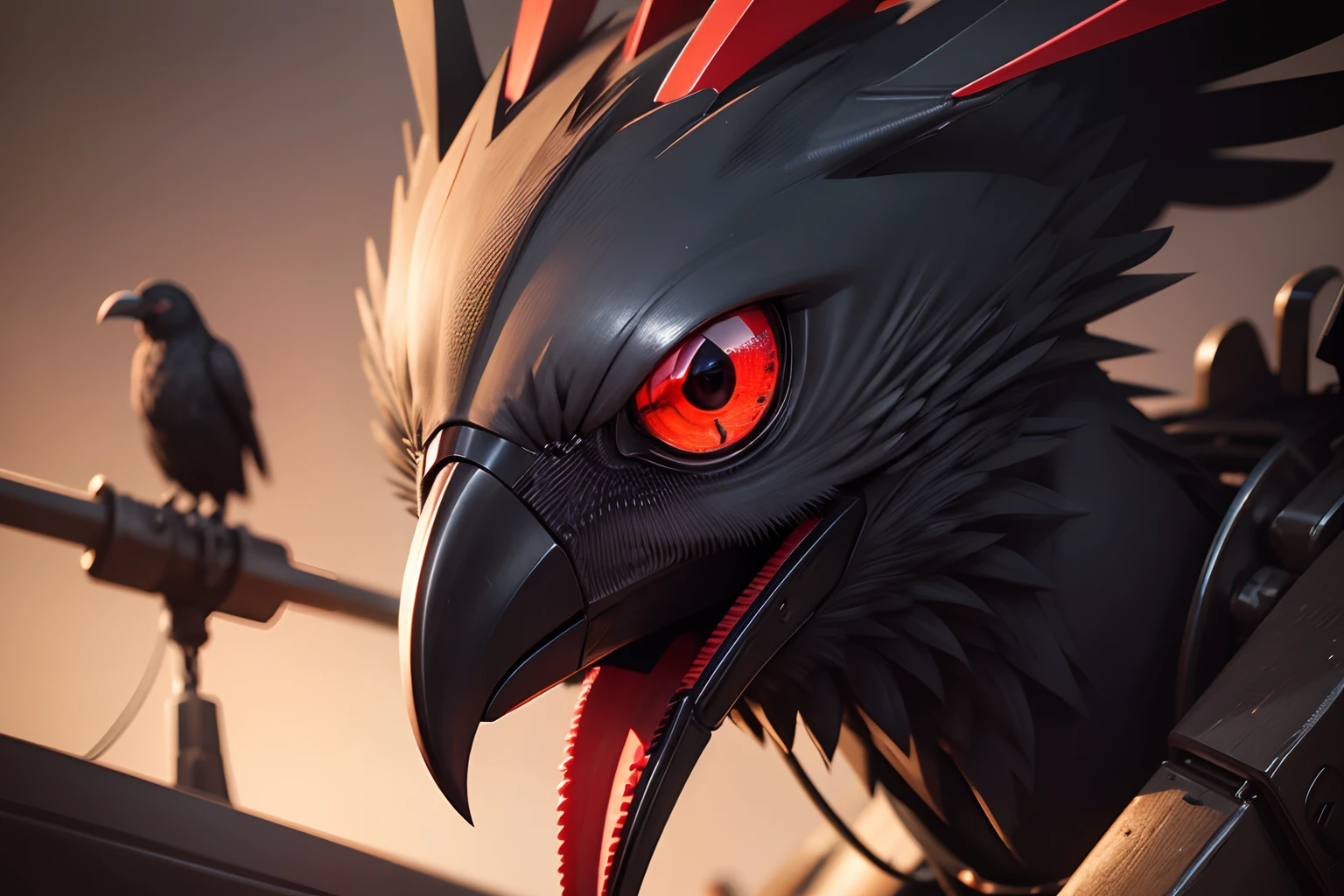 Close up of a mechanical crow with penetrating red eyes, staring to the camera, highly detailed.