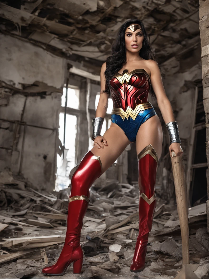 sexy legs wonder woman in ultra high-cut bikini, red patent thigh high boots, oiled legs and butt, high cut, skin tight sheer swimwear, wide stance provocative pose, editorial photographed in the rubble and debris of a collapsed building with wide angle fish eye lens