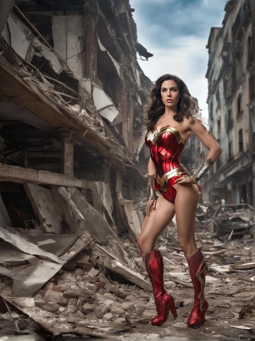 sexy legs wonder woman in ultra high-cut bikini, red patent thigh high boots, oiled legs and butt, high cut, skin tight sheer swimwear, wide stance provocative pose, editorial photographed in the rubble and debris of a collapsed building with wide angle fish eye lens