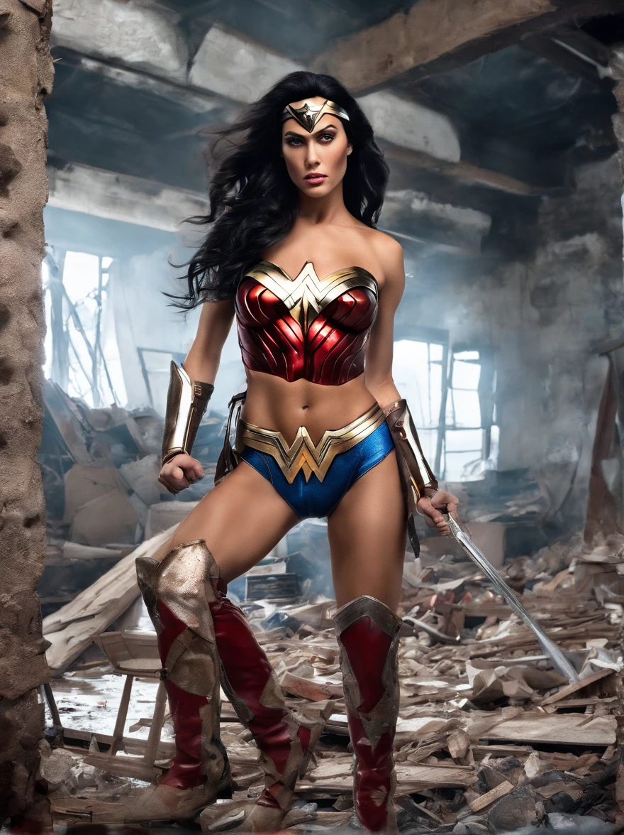 sexy legs wonder woman in ultra high-cut bikini, red patent thigh high boots, oiled legs and butt, high cut, skin tight sheer swimwear, wide stance provocative pose, editorial photographed in the rubble and debris of a collapsed building with wide angle fish eye lens