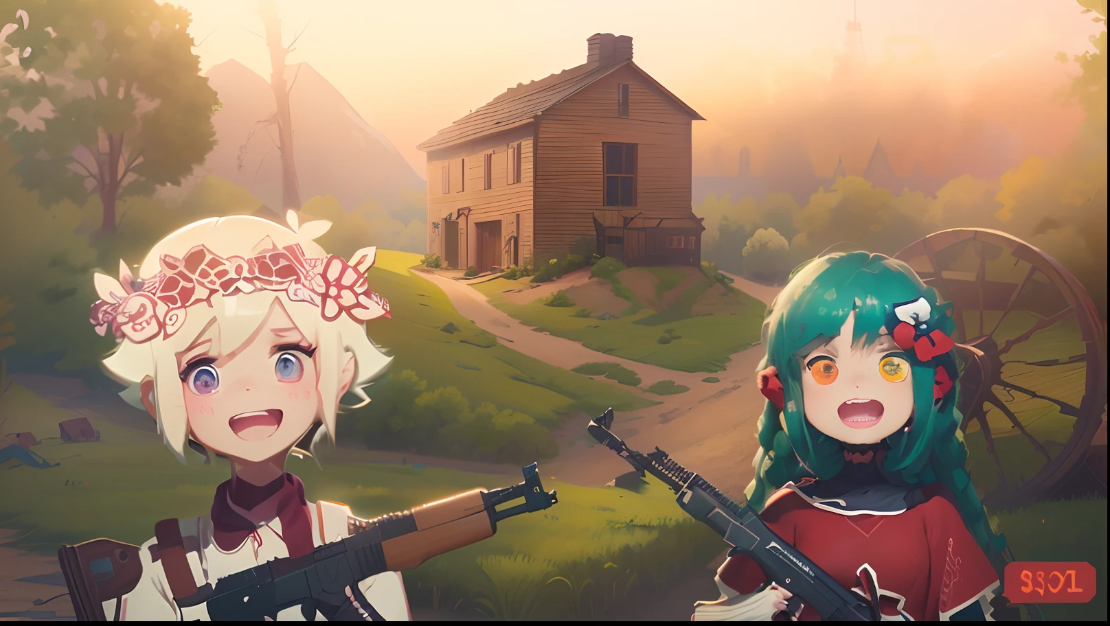 two cartoon girls with guns and a house in the background, war in background, on a farm, on a village, in the old west, in game, in an anime, on amino, on a battlefield, in a anime masterpiece, resembling a mix of grimes, inspired by Dom Qwek, in red dead redemntion 2, in battle