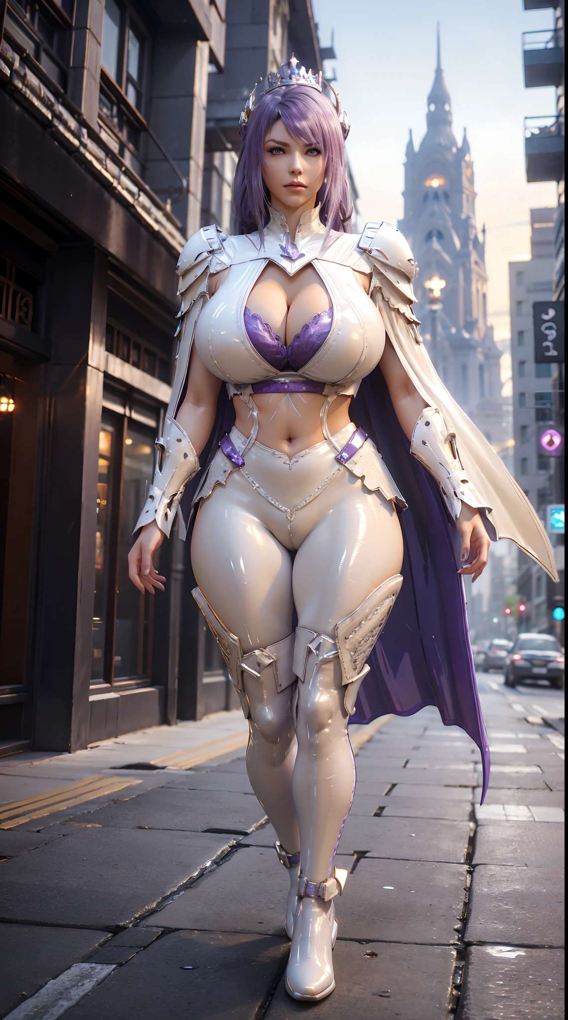 1GIRL, SOLO, (white PONYTAIL, DRAGON QUEEN HELM), (HUGE FAKE BREASTS:1.3), (white, purple  gold, FUTURISTIC LATEX CROP TOP, ROYAL CAPE, CLEAVAGE:1.5), (SKINTIGHT YOGA PANTS, HIGH HEELS:1.2), (SEXY BODY, SEXY LONG LEGS, FULL BODY:1.3), (FROM FRONT, LOOKING AT VIEWER), (WALKING DOWN ON STREET NIGHT CITY:1.2), ULTRA HIGHT DEFINITION, 8K, 1080P.