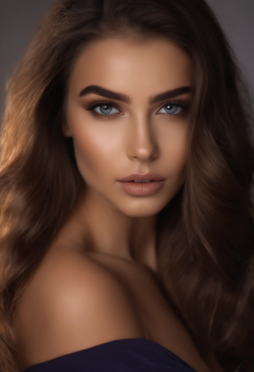 Latino and Swedish Woman, sexy girl with blue eyes, ultra realist, Meticulously detailed, Portrait Sophie Mudd, brown hair and big eyes, selfie of a young woman, beach background, black suite, with makeup, natural makeup, looking straight at camera , Face with Artgram, Subtle makeup, Great photo of the whole body kneeling on the bed, in the bedroom, Medium to large bust, in a sexy black bikini outfit, standing on the beach