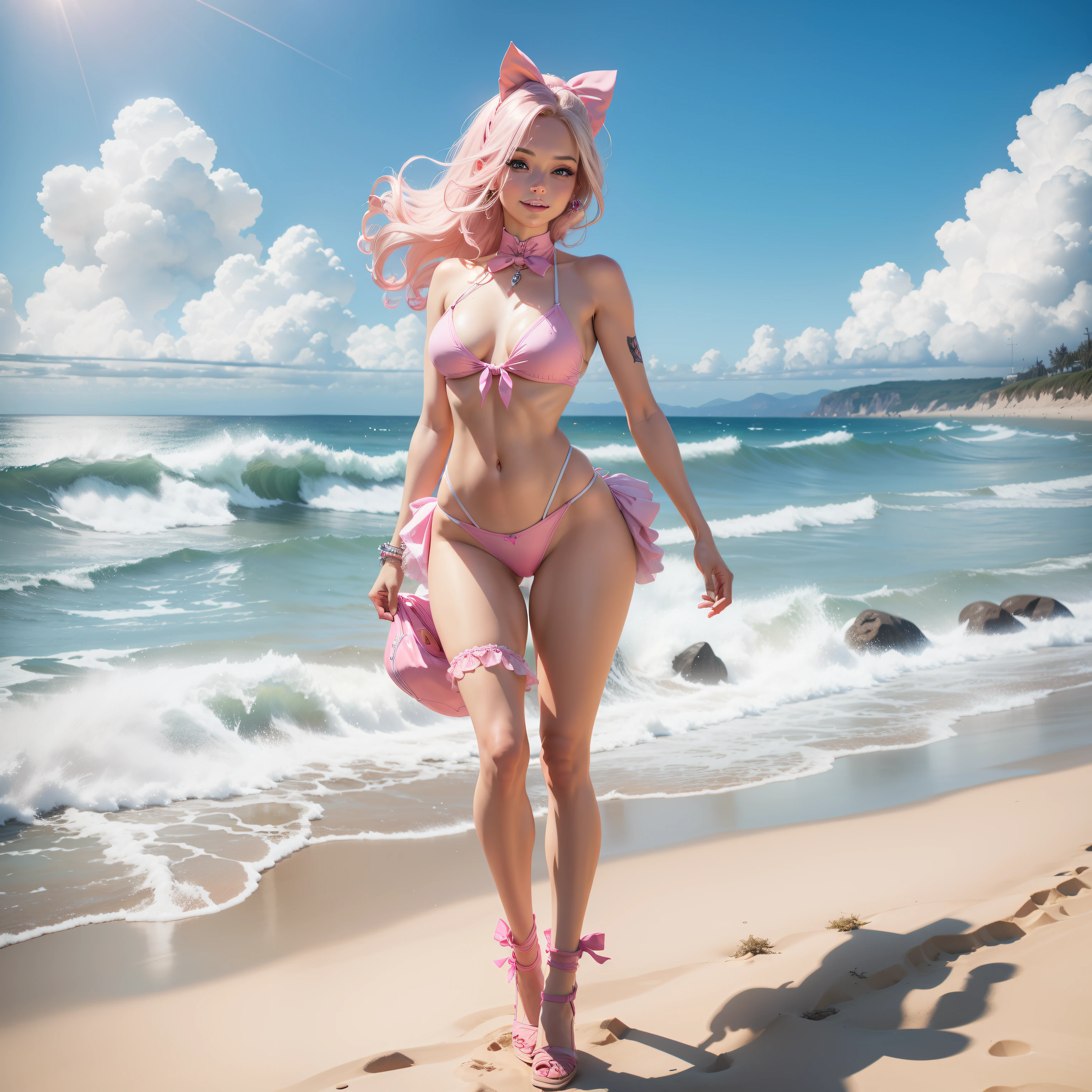 One Barbie, ((Full body)),8th class, Blue eyes, Smiling face, Hair loss swaying in the wind, Hip Hop Singer Pose, Dressed in hip-hop style,PINK Bikini,swarovski,pasties,With a pink bow on the arm, Fashion, Extremely high quality, high details, 8K, clean back ground, in studio, ((Full body shot)),Align your fingers neatly,Accurate Hand Modeling,wave her hand,Street of West Coast Beach
