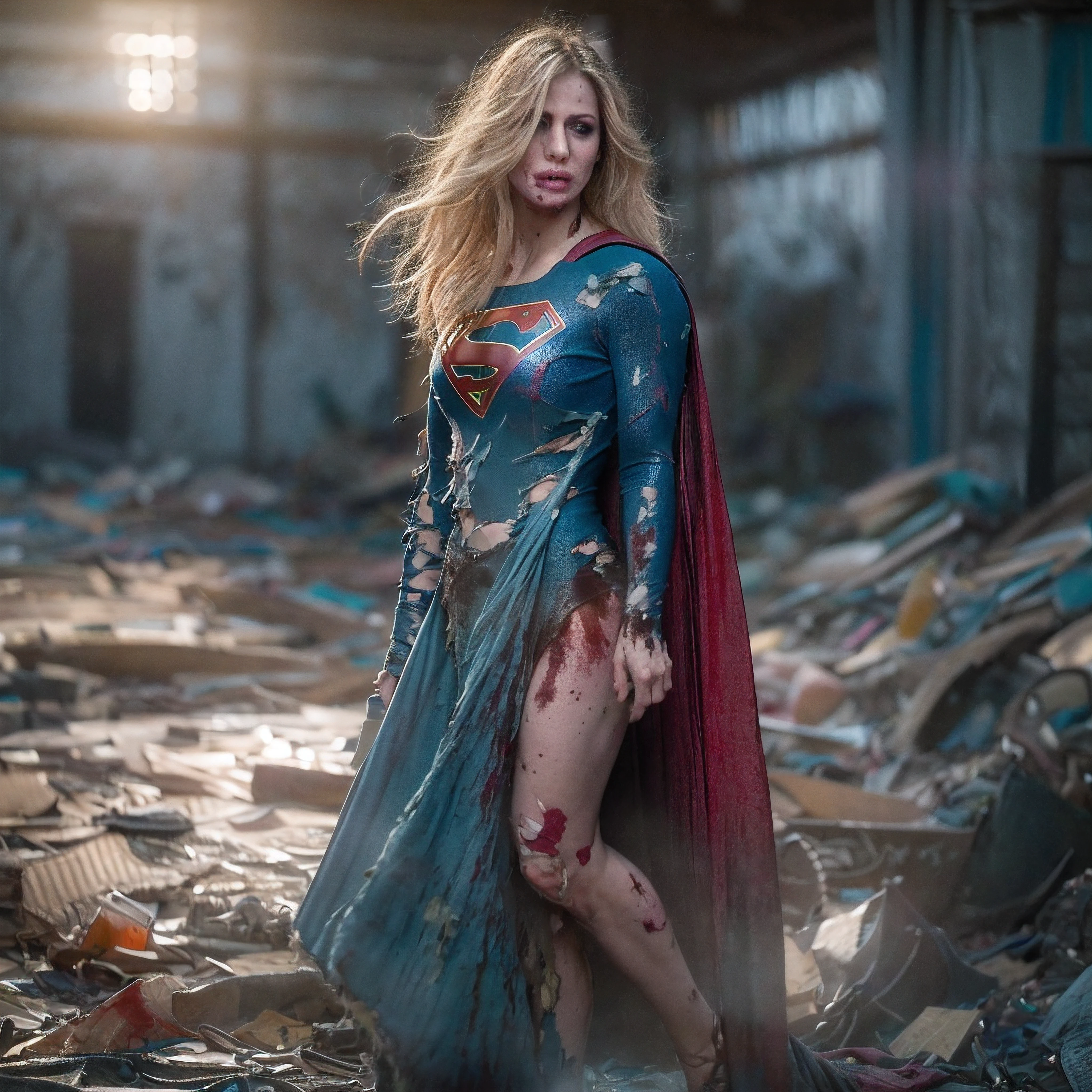 8k, best quality, real picture, intricate details, ultra-detailed, ultra highres, depth field,(photorealistic,realistic:1.2),masterpiece,photo of  european girl, supergirl, (bruise, dirty, torn clothes, revealing clothes, blood:1.3), blue eyes, blonde hair, long hair, ripped cape, ripped pantyhose, superhero, solo, sun, blue sky,
best quality, realistic, photorealistic, (intricate details:1.2), (delicate detailed), (cinematic light), clear line, sharp focus, realistic face, detailed face,
unity 8k wallpaper, ultra high res, (photorealistic:1.4), looking at viewer
