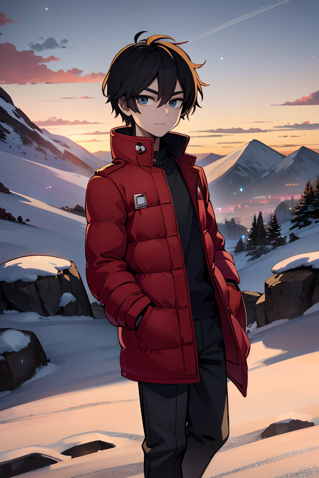 Anime boy in red jacket standing on snowy mountain with sunset in background, Papel de parede anime 4k, badass anime 8 k, Anime Wallpaper 4k, 4k anime wallpapers, estilo anime 4K, 4 k manga wallpaper, Anime Art Wallpaper 8K, Anime Art Wallpaper 4K, Anime Art Wallpaper 4K, hd Anime Wallaper, Anime Wallaper