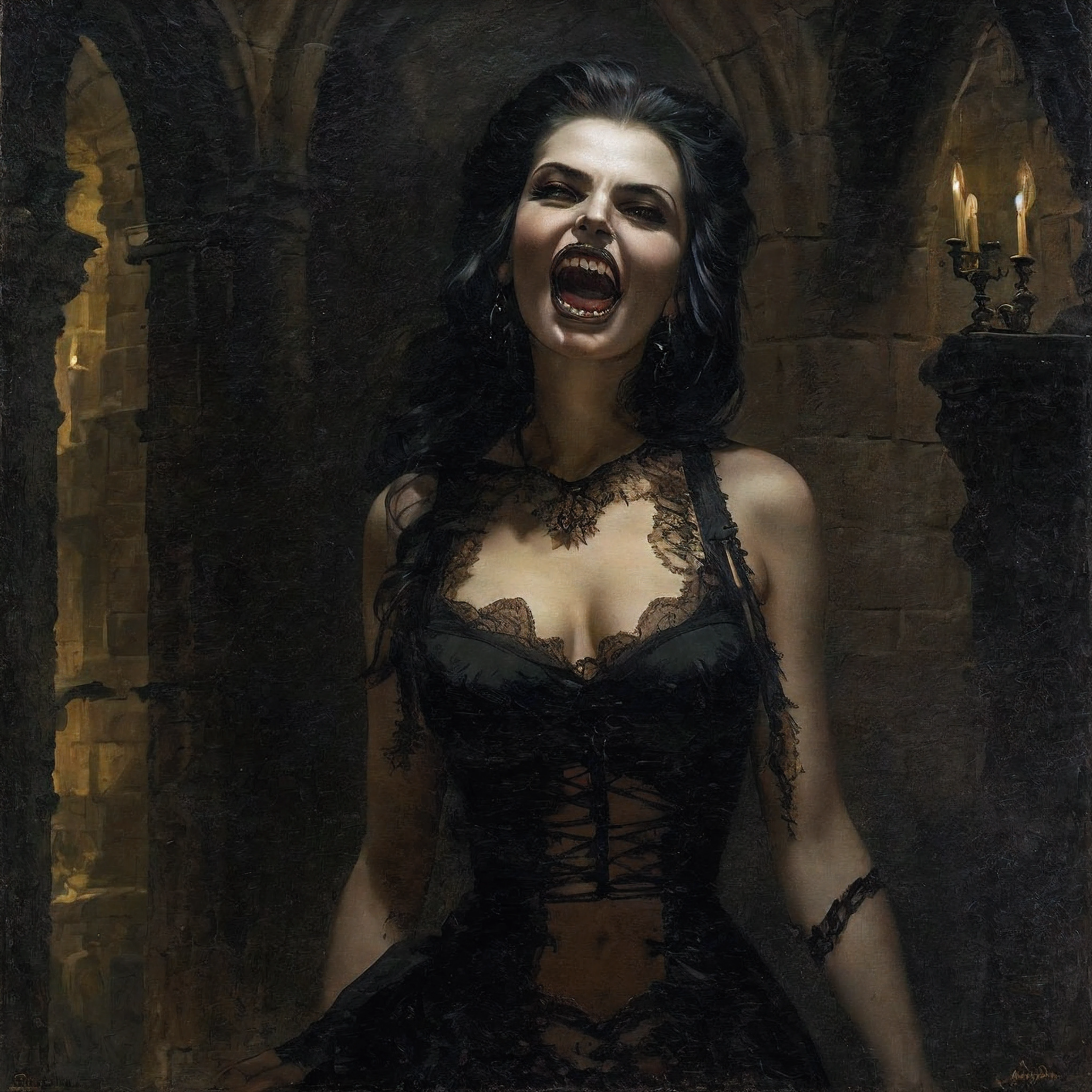 a vampire lady with(distinct long canine teeths),4 prominent sharp canine teeth, wearing Gothic ancient lingerie,in the castle,oil on canvas, Gothic style, Francisco Goya,Ramon Perez, Adam Gorham, dramatic horror lighting,dark theme, masterpiece, 8k