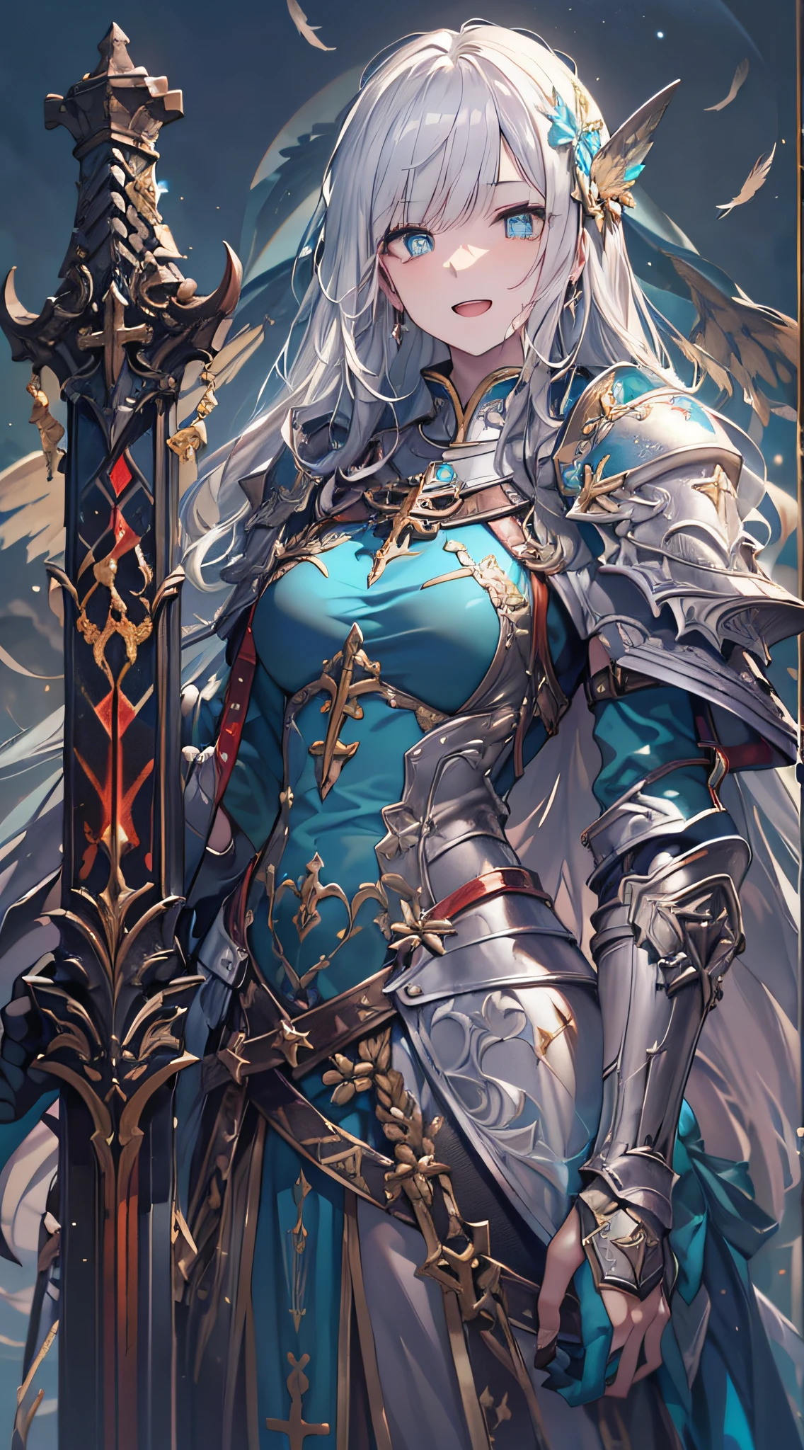 (Official art、Best Quality、Unity 8k Wallpapers、32K、masterpiece、ultra-detailliert、超A high resolution、realisitic、Photorealsitic、Very ridiculous:1.2)、(Cinematic lighting:1.2)、Fireglow effect、film grains、Best Shadows、Rim lighting、side lights、(Ultra-detailed and complex 3D rendering)、Detailed beautiful face and eyes、Sharp pupils、Realistic pupils、A slender、1Man Woman、Medium bust、(Full body:1.2)、 beauitful face、16-year-old beautiful girl、(super detailed skin、detailed skin textures:1.3)、(silver blond、Blue-silver hair:1.3)、Paladin、Longhaire、Blunt bangs、Green eyes、3 braids in 1 bunch、(Blue Armor、Blue Boots、Blue helmet、Jeweled、Gold embroidery)、A slender、Maxi skirt、(thighs thighs thighs thighs:0.8)、(chies、in a house、Artistic stained glass、Large pipe organ、crosses、Hello Point、Mystical、a lot of feathers float、angelicales、Particles of light、solemnity、Sunlight is、colourfull、Fantastical:1.2)、(Fantastical:1.3)、(Holding the Holy Sword:1.4)、(Looking away、looking distantly:1.3)、Fantastical、Smile with open mouth