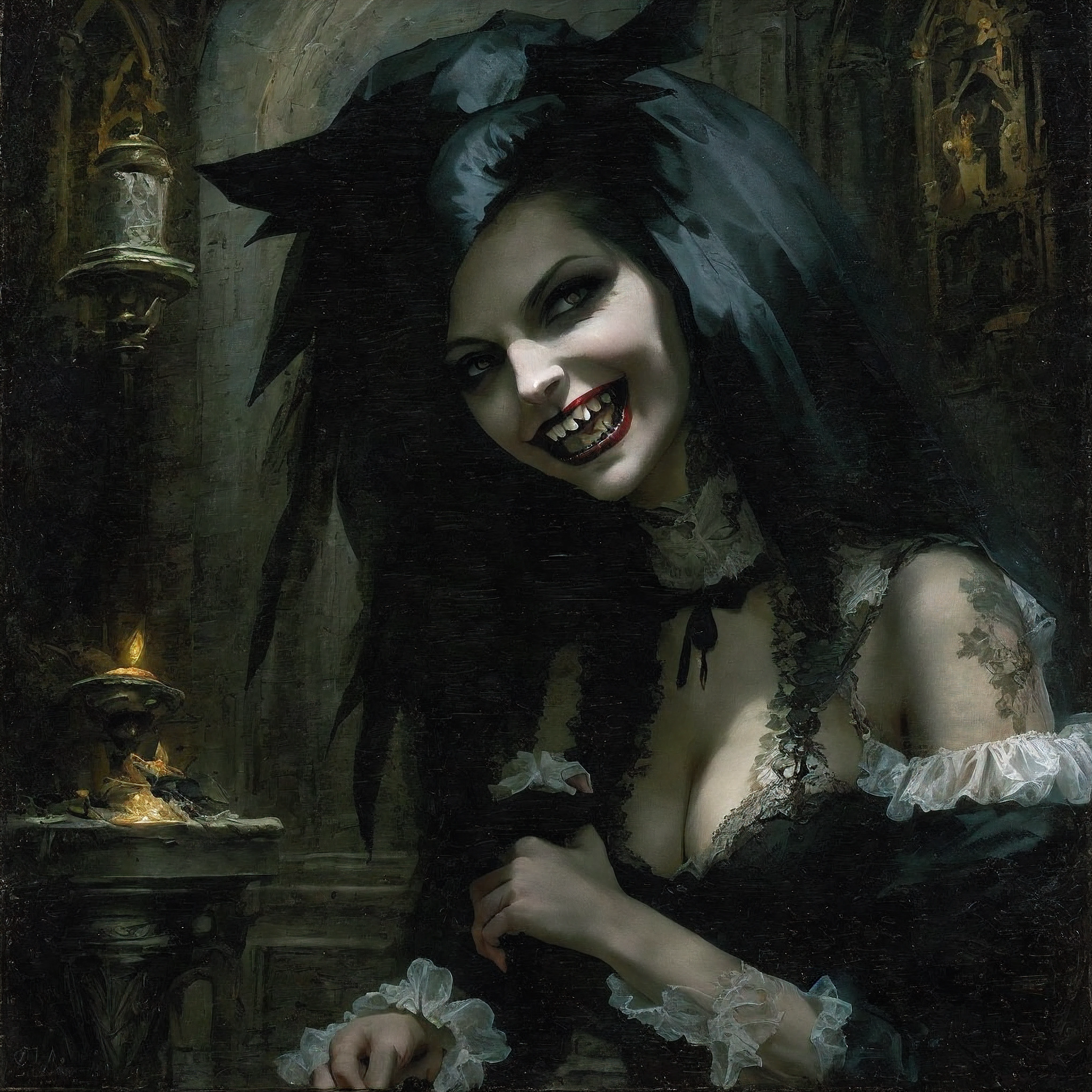 a vampire lady with(distinct long canine teeths),4 prominent sharp canine teeth, wearing Gothic ancient lingerie,in the castle,oil on canvas, Gothic style, Francisco Goya,Ramon Perez, Adam Gorham, dramatic horror lighting,dark theme, masterpiece, 8k