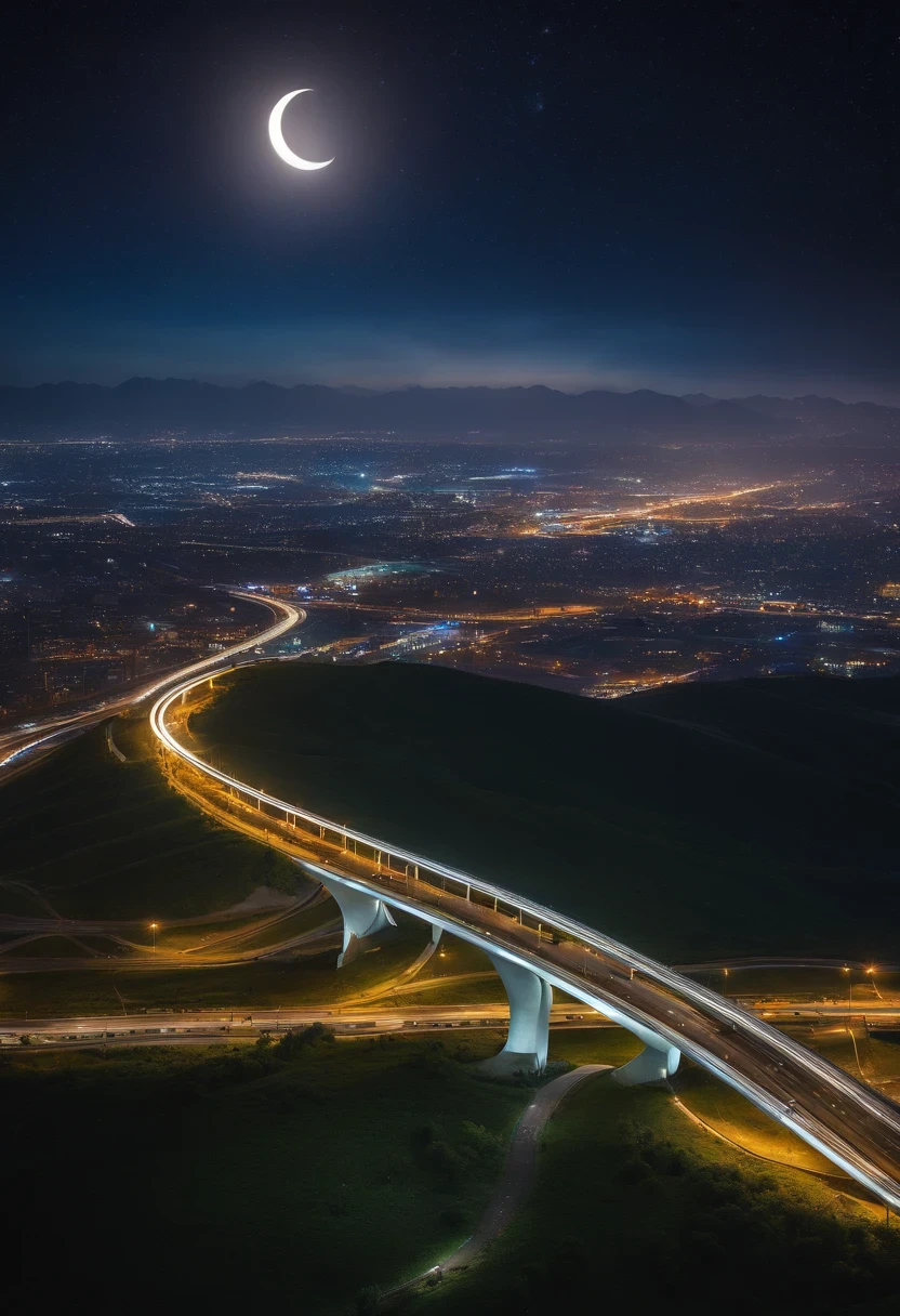 Giant Crescent Moon, high quality image, Raw, Standing in Almaty Tower, 20 yo woman, nighttime scene, Milky Way Galaxy, Andromeda Nebula, streets of Almaty, Smooth lines of light, Metropolitan Expressway Interchange, Fort, Rainbow Bridge, Approaching Planets.