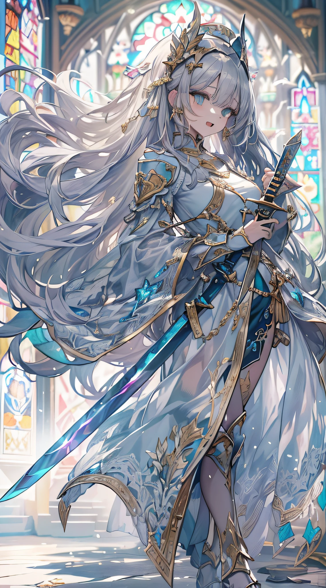 (Official art、Best Quality、Unity 8k Wallpapers、32K、masterpiece、ultra-detailliert、超A high resolution、realisitic、Photorealsitic、Very ridiculous:1.2)、(Cinematic lighting:1.2)、Fireglow effect、film grains、Best Shadows、Rim lighting、side lights、(Ultra-detailed and complex 3D rendering)、Detailed beautiful face and eyes、Sharp pupils、Realistic pupils、A slender、1Man Woman、Medium bust、(Full body:1.2)、 beauitful face、-yeld beiful girl、(super detailed skin、detailed skin textures:1.3)、(silver blond、Blue-silver hair:1.3)、Paladin、Longhaire、Blunt bangs、Green eyes、3 braids in 1 bunch、(Blue Armor、Blue Boots、Blue helmet、Jeweled、Gold embroidery)、A slender、Maxi skirt、(thighs thighs thighs thighs:0.8)、(chies、in a house、Artistic stained glass、Large pipe organ、crosses、Hello Point、Mystical、a lot of feathers float、angelicales、Particles of light、solemnity、Sunlight is、colourfull、Fantastical:1.2)、(Fantastical:1.3)、(Holding the Holy Sword:1.4)、(Looking away、looking distantly:1.3)、Fantastical、Smile with open mouth