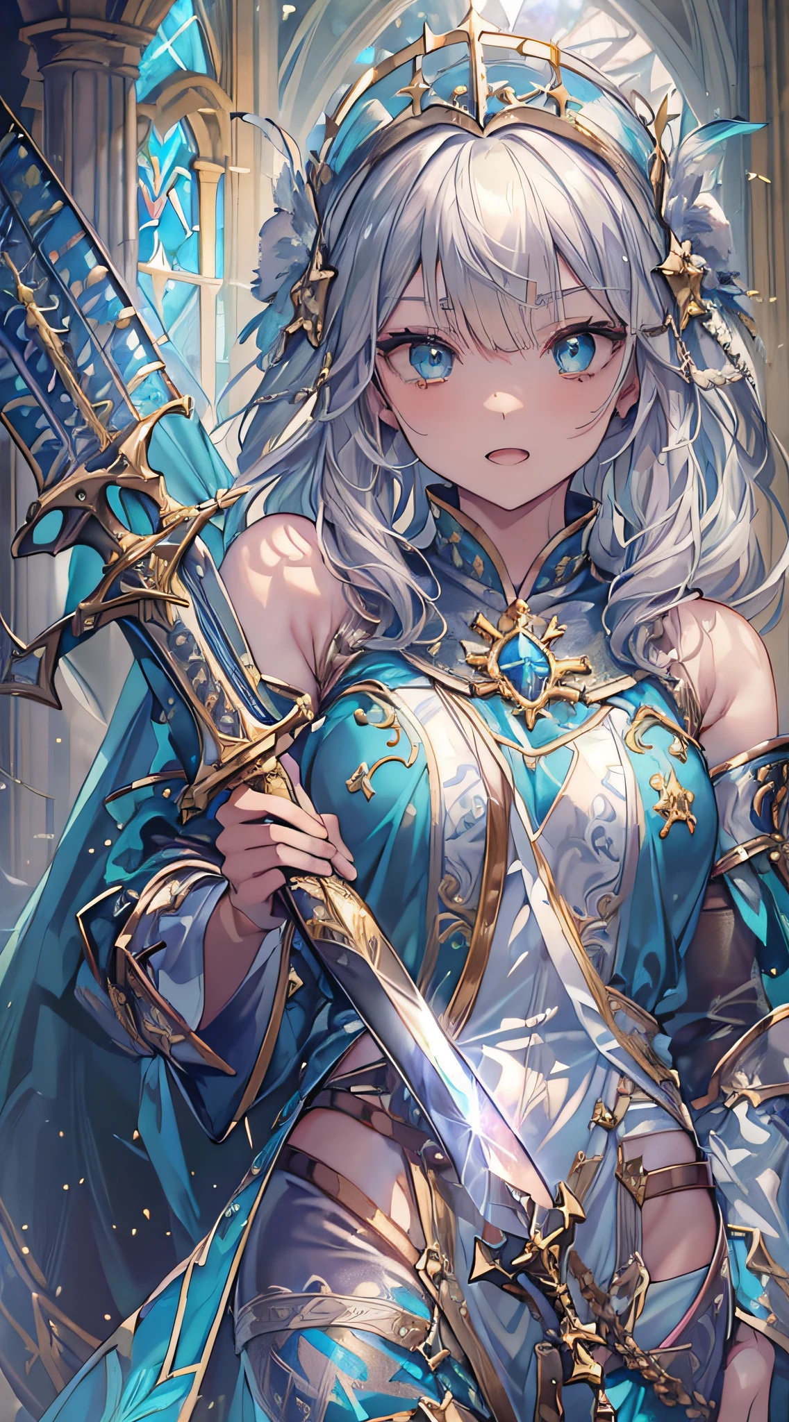 (Official art、Best Quality、Unity 8k Wallpapers、32K、masterpiece、ultra-detailliert、超A high resolution、realisitic、Photorealsitic、Very ridiculous:1.2)、(Cinematic lighting:1.2)、Fireglow effect、film grains、Best Shadows、Rim lighting、side lights、(Ultra-detailed and complex 3D rendering)、Detailed beautiful face and eyes、Sharp pupils、Realistic pupils、A slender、1Man Woman、Medium bust、(Full body:1.2)、 beauitful face、16-year-old beautiful girl、(super detailed skin、detailed skin textures:1.3)、(silver blond、Blue-silver hair:1.3)、Paladin、Longhaire、Blunt bangs、Green eyes、3 braids in 1 bunch、(Blue Armor、Blue Boots、Blue helmet、Jeweled、Gold embroidery)、A slender、Maxi skirt、(thighs thighs thighs thighs:0.8)、(chies、in a house、Artistic stained glass、Large pipe organ、crosses、Hello Point、Mystical、a lot of feathers float、angelicales、Particles of light、solemnity、Sunlight is、colourfull、Fantastical:1.2)、(Fantastical:1.3)、(Holding the Holy Sword:1.4)、(Looking away、looking distantly:1.3)、Fantastical、Smile with open mouth