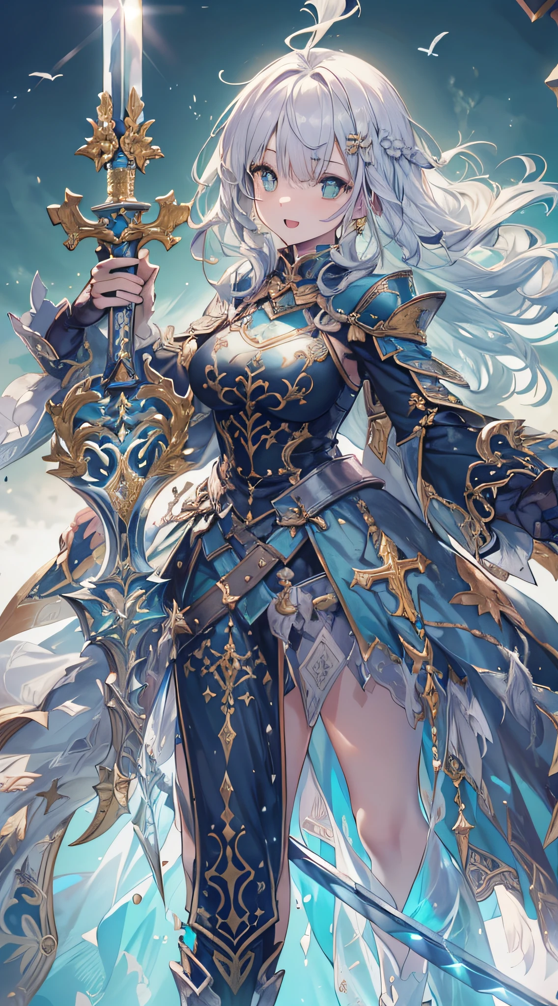 (Official art、Best Quality、Unity 8k Wallpapers、32K、​masterpiece、ultra-detailliert、超A high resolution、realisitic、Photorealsitic、Very ridiculous:1.2)、(Cinematic lighting:1.2)、Fireglow effect、film grains、Best Shadows、Rim lighting、side lights、(Ultra-detailed and complex 3D rendering)、Detailed beautiful face and eyes、Sharp pupils、Realistic pupils、A slender、１Man Woman、Medium bust、(Full body:1.2)、 beauitful face、16-year-old beautiful girl、(super detailed skin、detailed skin textures:1.3)、(silver blond、Blue-silver hair:1.3)、Paladin、Longhaire、Blunt bangs、Green eyes、3 braids in 1 bunch、(Blue Armor、Blue Boots、Blue helmet、Jeweled、Gold embroidery)、A slender、Maxi skirt、(thighs thighs thighs thighs:0.8)、(chies、in a house、Artistic stained glass、Large pipe organ、crosses、Hello Point、Mystical、a lot of feathers float、angelicales、Particles of light、solemnity、Sunlight is、colourfull、Fantastical:1.2)、(Fantastical:1.3)、(Holding the Holy Sword:1.4)、(Looking away、looking distantly:1.3)、Fantastical、Smile with open mouth