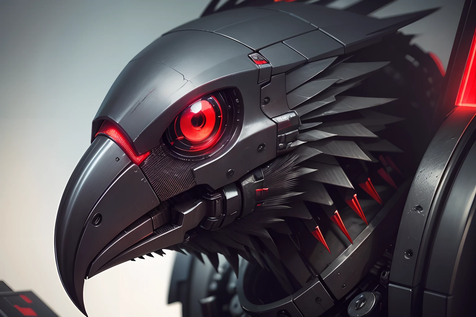 Close up of a mechanical crow with penetrating red eyes, staring to the camera, highly detailed, cyberpunk.