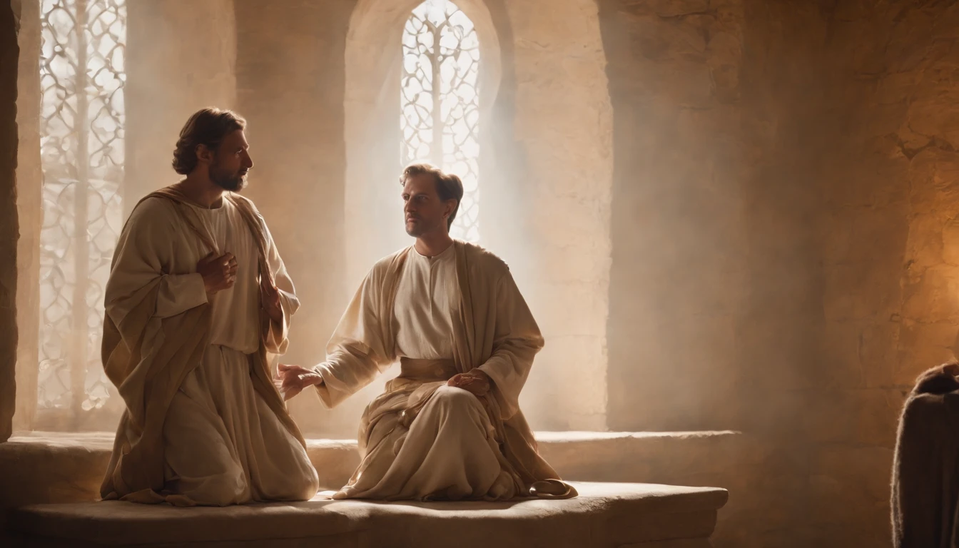 Create a cinematic and emotionally charged image depicting the prophet Daniel engaged in a profound conversation with Archangel Michael. Daniel should be portrayed in an intense and reverent dialogue with the Archangel, symbolizing the exchange of divine messages and guidance. Both figures should exude a sense of spiritual connection and purpose. The setting should be an ancient, dimly lit room with a symbolic presence of scrolls and heavenly light streaming in through a window, emphasizing the celestial nature of their encounter. The overall atmosphere should convey the weight of the moment and the divine wisdom being imparted.
