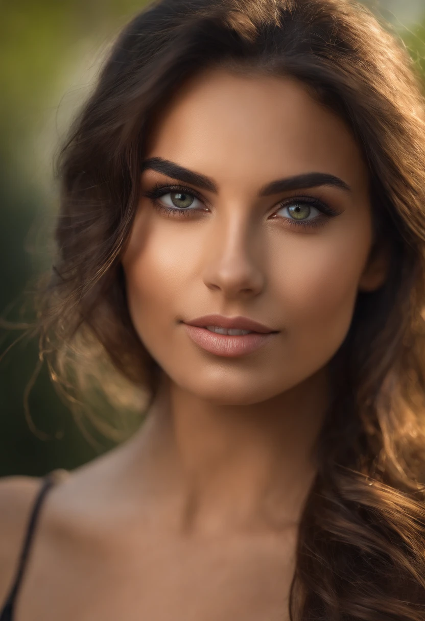 Femme brune yeux verts, Hispanic, maquillage naturel, looking straight at camera, Maquillage subtil, Yeux verts, Bel angle, pose attrayante, fille mignonne, Image du corps entier, Prise de vue du corps entier, brunette goddess, High detail, pose satisfaite, souriante