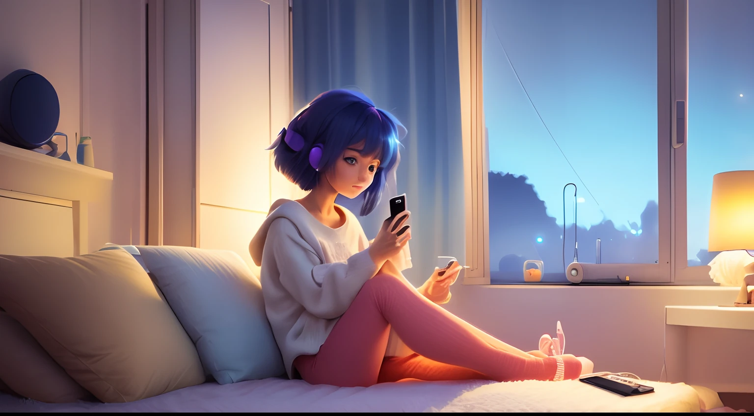 Girl listening to music in a cozy room at night, Usando fones de ouvido, Anime estilo 2D, Lo-fi, disco Rigido, Ambiente escuro