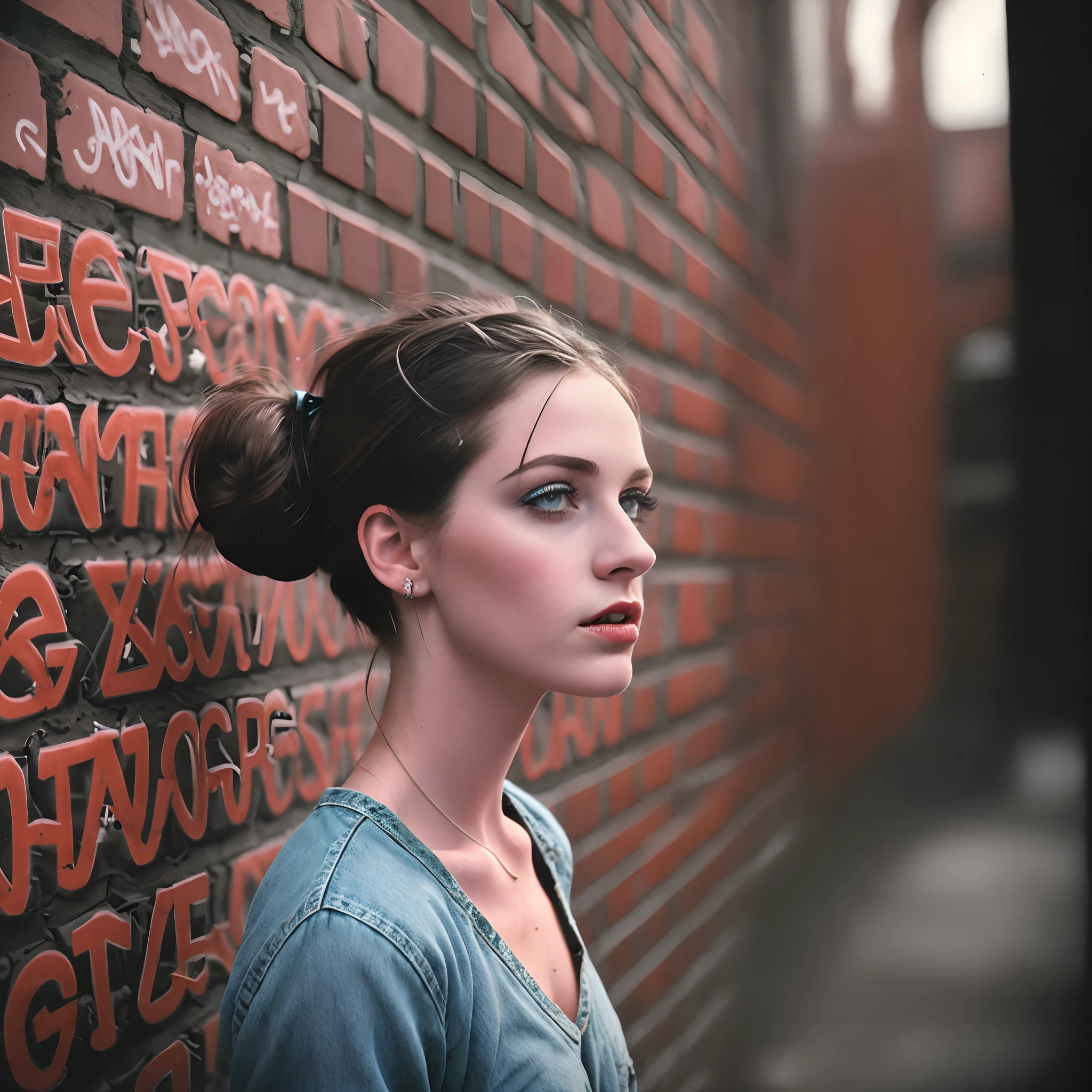 Sexually enthusiastic photo by Richard Kern of a -yeld exmely attractive girl, erotically suggestive face. Dark hair in simple bun. Brick wall with colored graffiti, surrealism, vogue, fashions. Highly detailed. Detailed face. Created by Joe McNally. Best photography with world awards. Leica M6, cinematography, volumetric light, HD, 8k.