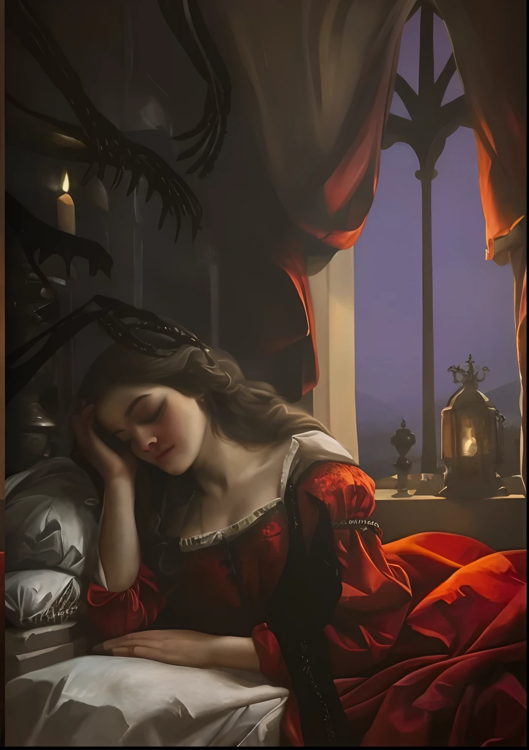 Beautiful woman sleeping peacefully, old oil painting, church mural style