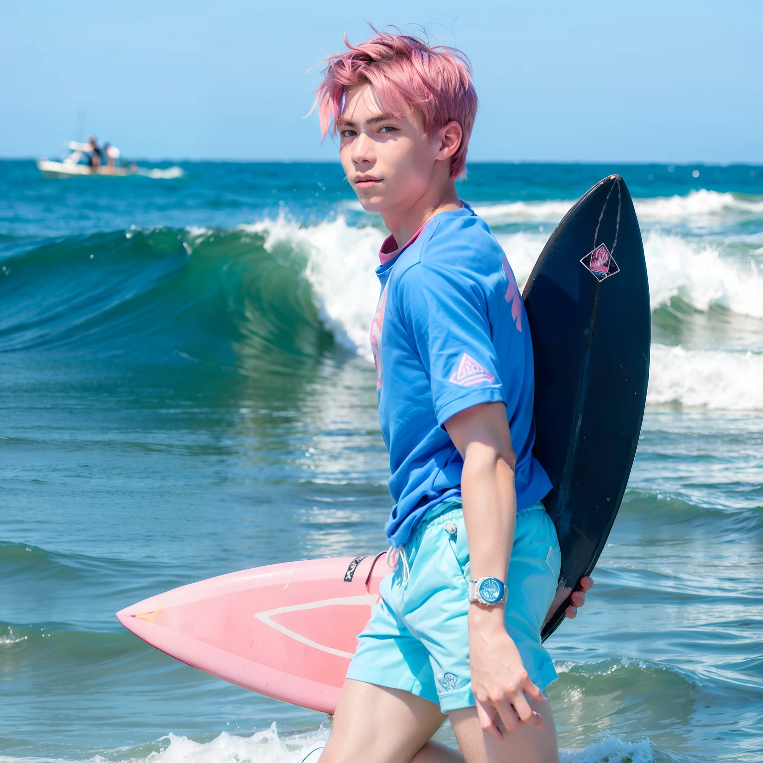 18 year old boy with pink hair very handsome rich surfing wave in blue shorts