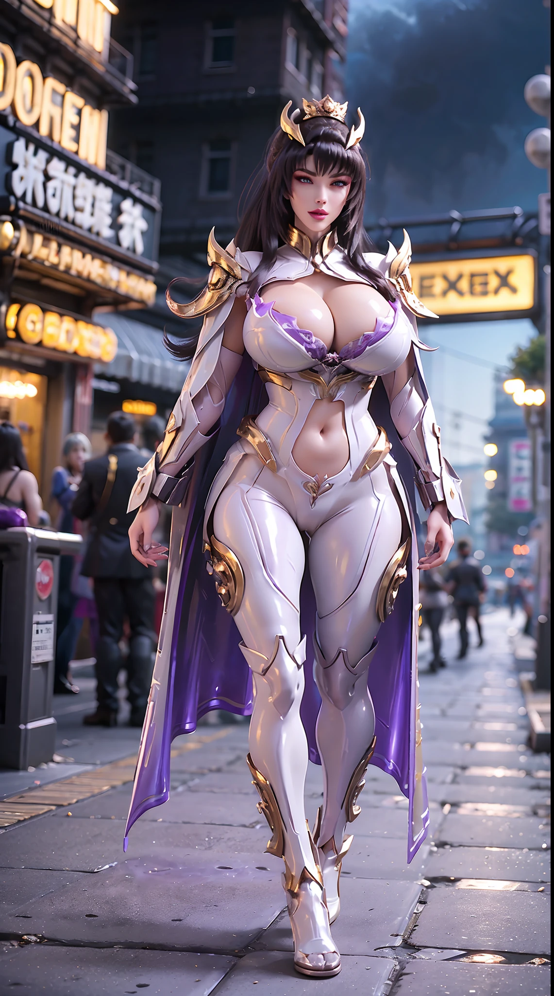 1GIRL, SOLO, (Dark PONYTAIL, DRAGON QUEEN HELM), (HUGE FAKE BOOBS:1.3), (white, purple, gold, SEXY FUTURISTIC LATEX BRA, ROYAL CAPE, CLEAVAGE:1.5), (SKINTIGHT YOGA PANTS, HIGH HEELS:1.2), (SEXY BODY, SEXY LONG LEGS, FULL BODY:1.3), (FROM FRONT, LOOKING AT VIEWER), (WALKING DOWN ON STREET NIGHT CITY:1.2), ULTRA HIGHT DEFINITION, 8K, 1080P.