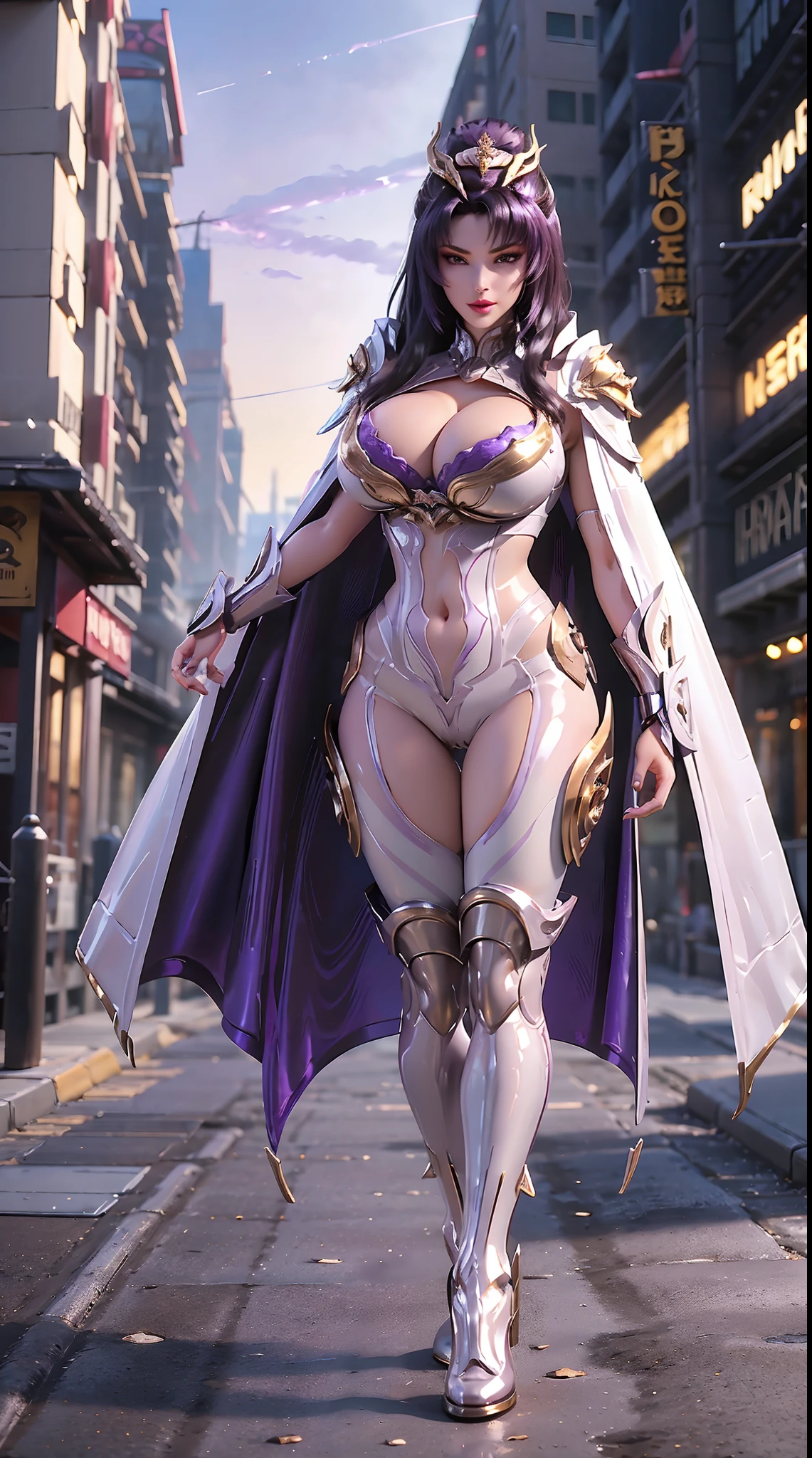 1GIRL, SOLO, (Dark PONYTAIL, DRAGON QUEEN HELM), (HUGE FAKE BOOBS:1.3), (white, purple, gold, SEXY FUTURISTIC LATEX BRA, ROYAL CAPE, CLEAVAGE:1.5), (SKINTIGHT YOGA PANTS, HIGH HEELS:1.2), (SEXY BODY, SEXY LONG LEGS, FULL BODY:1.3), (FROM FRONT, LOOKING AT VIEWER), (WALKING DOWN ON STREET NIGHT CITY:1.2), ULTRA HIGHT DEFINITION, 8K, 1080P.