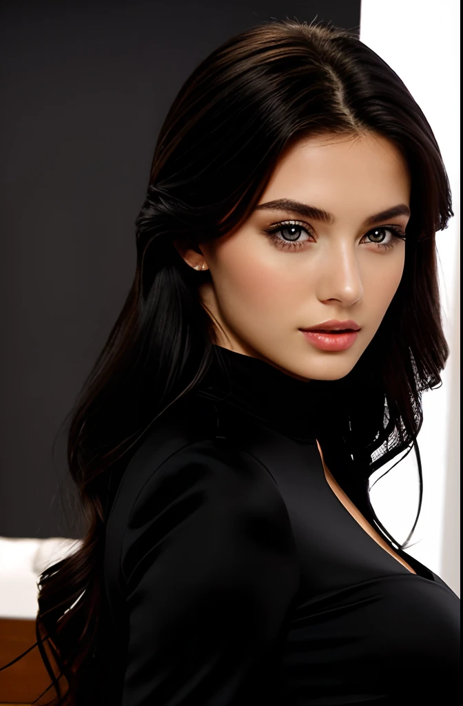 Beautiful European woman, 23 years old, pretty face, slim body, big boobs, black long hair, full lips, beautiful eyes. Business dress. highres