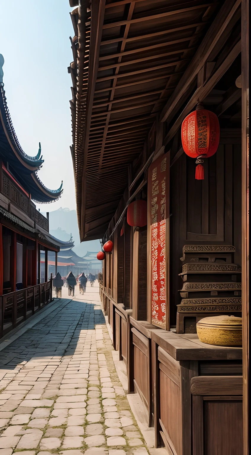 Ancient Chinese city, Pagodas, market stalls, weathered walls, 8k uhd, best quality, beautiful, intricate, ultra detailed, high resolution.