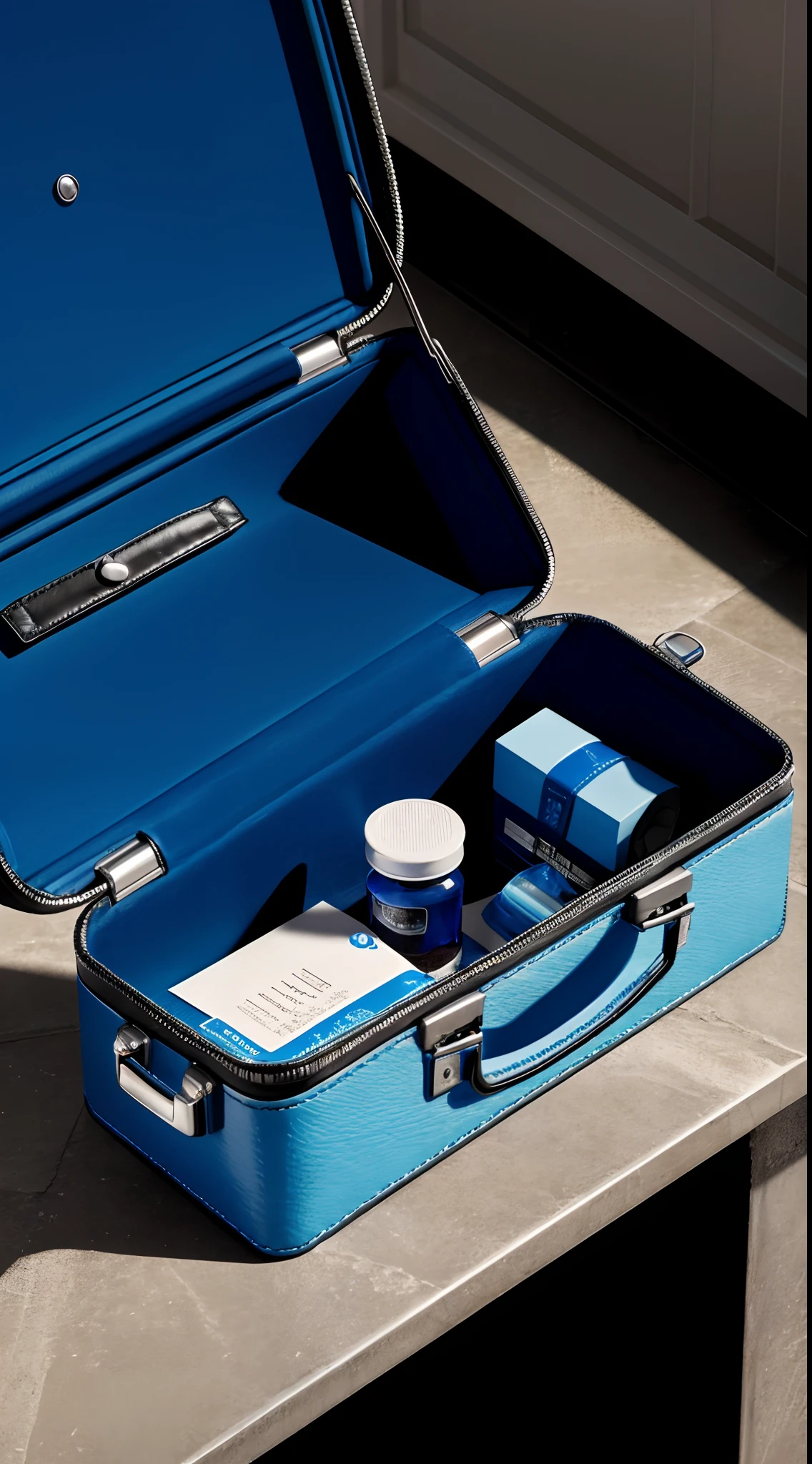 A photograph photorealistic realism, a small briefcase of blue vaccines dark