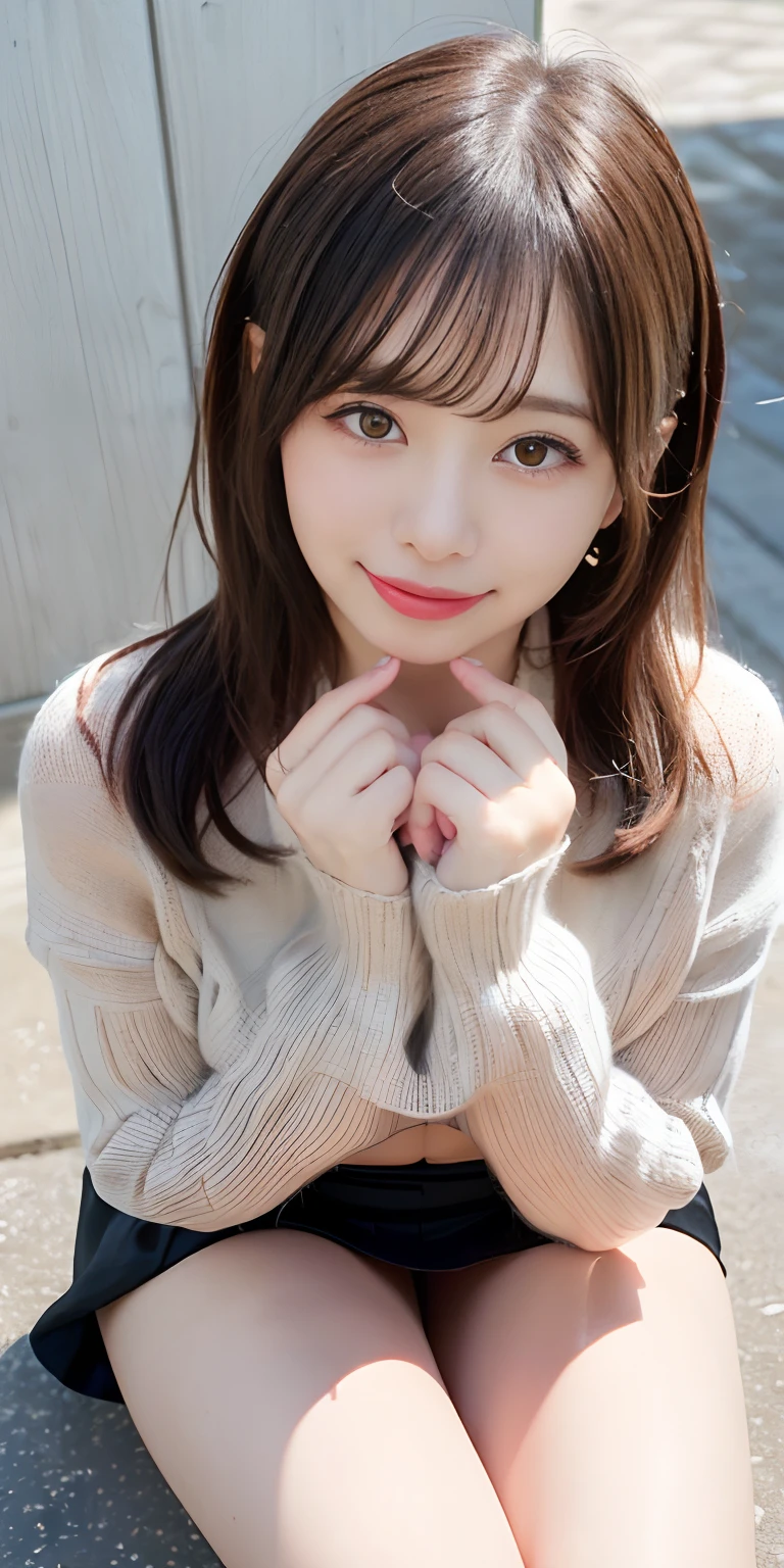 masutepiece, Best Quality,
Ultra-detailed, finely detail, hight resolution, in 8K,
((Photorealsitic:1.4, Raw photography, 超A high resolution,Top image quality: 1.4)),
Wallpaper,
((Perfect whole body configuration1.5)),
((Beautiful detailed eyes, Natural Color Lip、Clean face、Gaze staring at the camera、Lashes、big eye、Distinct double eyelids、Tear mole、glowy skin、Clean skin quality、lipgloss)),
((a serene smile:1.5)),
((Random and cute hairstyles)),
((Knitwear with visible bottom of the chest:1.5)),
((large breasts size、cleavage of the breast:1.2)),
((Random and cute micro mini skirt:1.5)),
((Squat down and stick out your tongue:1.5)),
((breastsout、under look eyes、Mole on the arm:0.9)),
((look up to)),
((Random blurry background)),
((Random and cute facial expressions:1.5)),,
((((1人の女性:1.5))))
very detailed and professional lighting、
((Sexy underwear visible through skirt:1.5))、
((thigh visible:1.5))