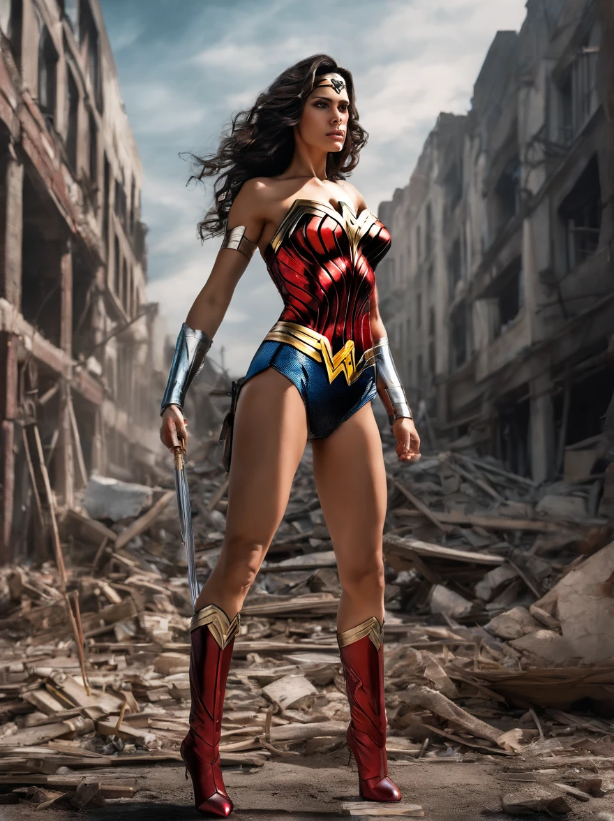 back view sexy legs wonder woman in ultra high-cut bikini, red patent thigh high boots, oiled legs and butt, high cut, skin tight sheer swimwear, wide stance provocative pose, editorial photographed in the rubble and debris of a collapsed building with wide angle fish eye lens