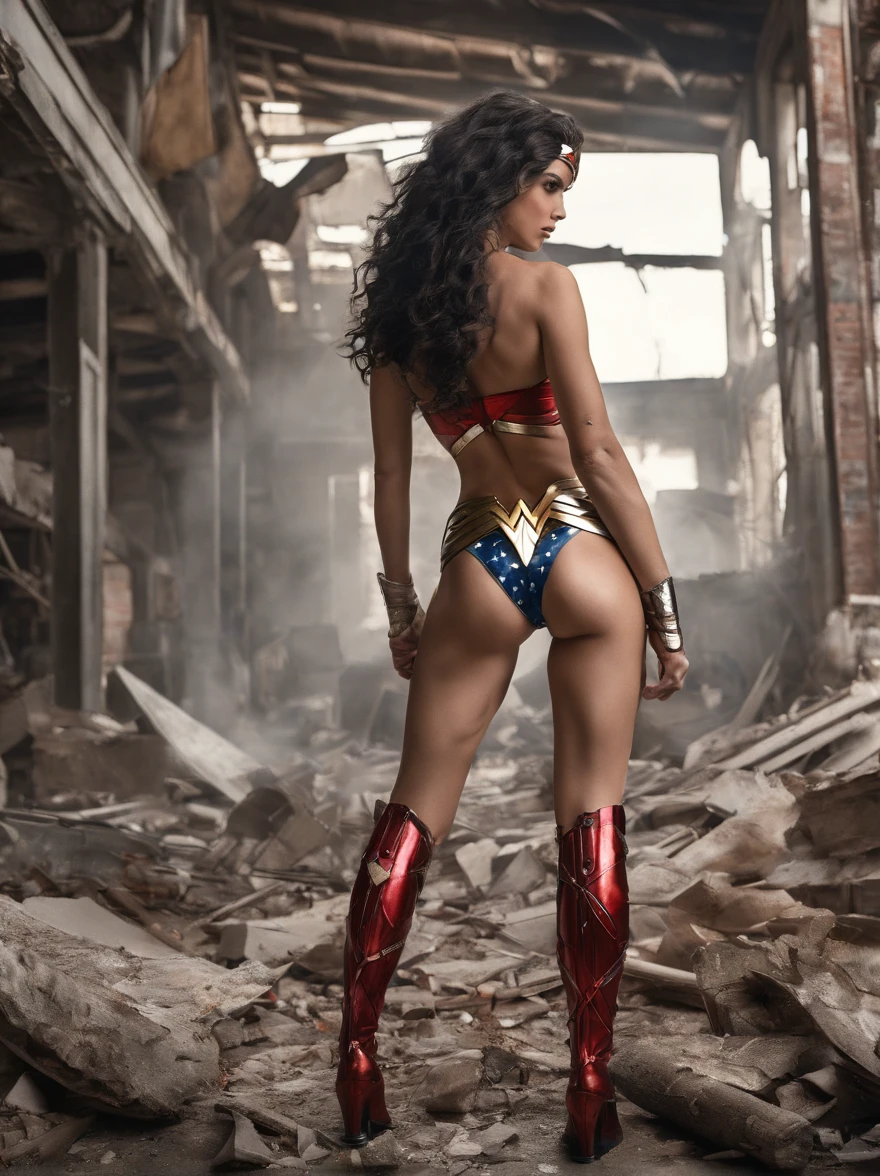 back view sexy legs wonder woman in ultra high-cut bikini, red patent thigh high boots, oiled legs and butt, high cut, skin tight sheer swimwear, wide stance provocative pose, editorial photographed in the rubble and debris of a collapsed building with wide angle fish eye lens