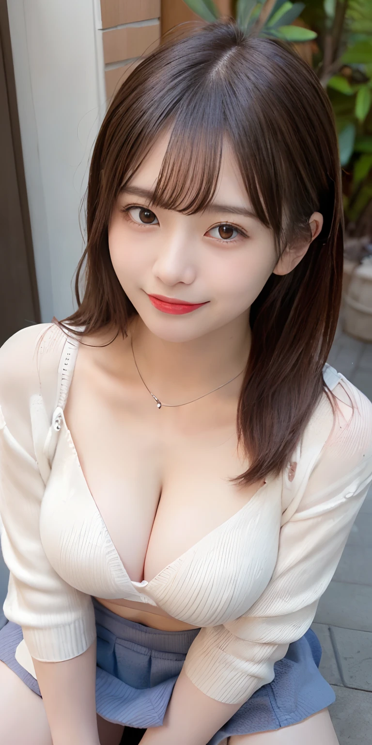 masutepiece, Best Quality,
Ultra-detailed, finely detail, hight resolution, in 8K,
((Photorealsitic:1.4, Raw photography, 超A high resolution,Top image quality: 1.4)),
Wallpaper,
((Perfect whole body configuration1.5)),
((Beautiful detailed eyes, Natural Color Lip、Clean face、Gaze staring at the camera、Lashes、big eye、Distinct double eyelids、Tear mole、glowy skin、Clean skin quality、lipgloss)),
((a serene smile:1.5)),
((Random and cute hairstyles)),
((Knitwear with visible bottom of the chest:1.5)),
((large breasts size、cleavage of the breast:1.2)),
((Random and cute micro mini skirt:1.5)),
((Squat down and stick out your tongue:1.5)),
((breastsout、under look eyes、Mole on the arm:0.9)),
((look up to)),
((Random blurry background)),
((Random and cute facial expressions:1.5)),,
((((1人の女性:1.5))))
very detailed and professional lighting、
((Sexy underwear visible through skirt:1.5))、
((thigh visible:1.5))