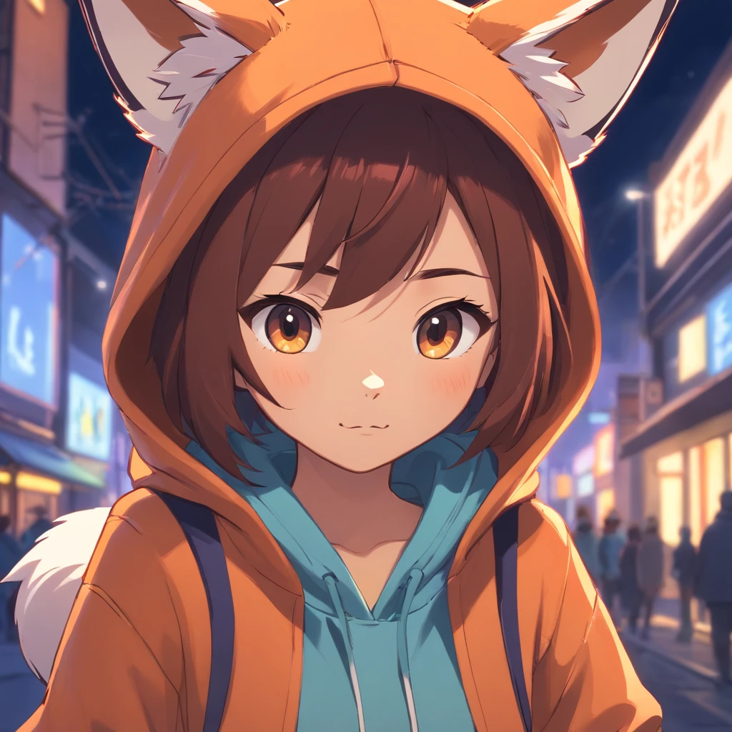 Cute fox in Pixar movie style wearing a hoodie , illuminating, Cinematic lighting, 。.。.3D, Borrowed, ultra - detailed, 8K、Have a camera
