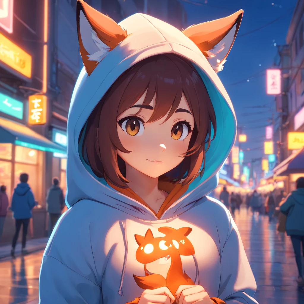 Cute fox in Pixar movie style wearing a hoodie , illuminating, Cinematic lighting, 。.。.3D, Borrowed, ultra - detailed, 8K、Have a camera