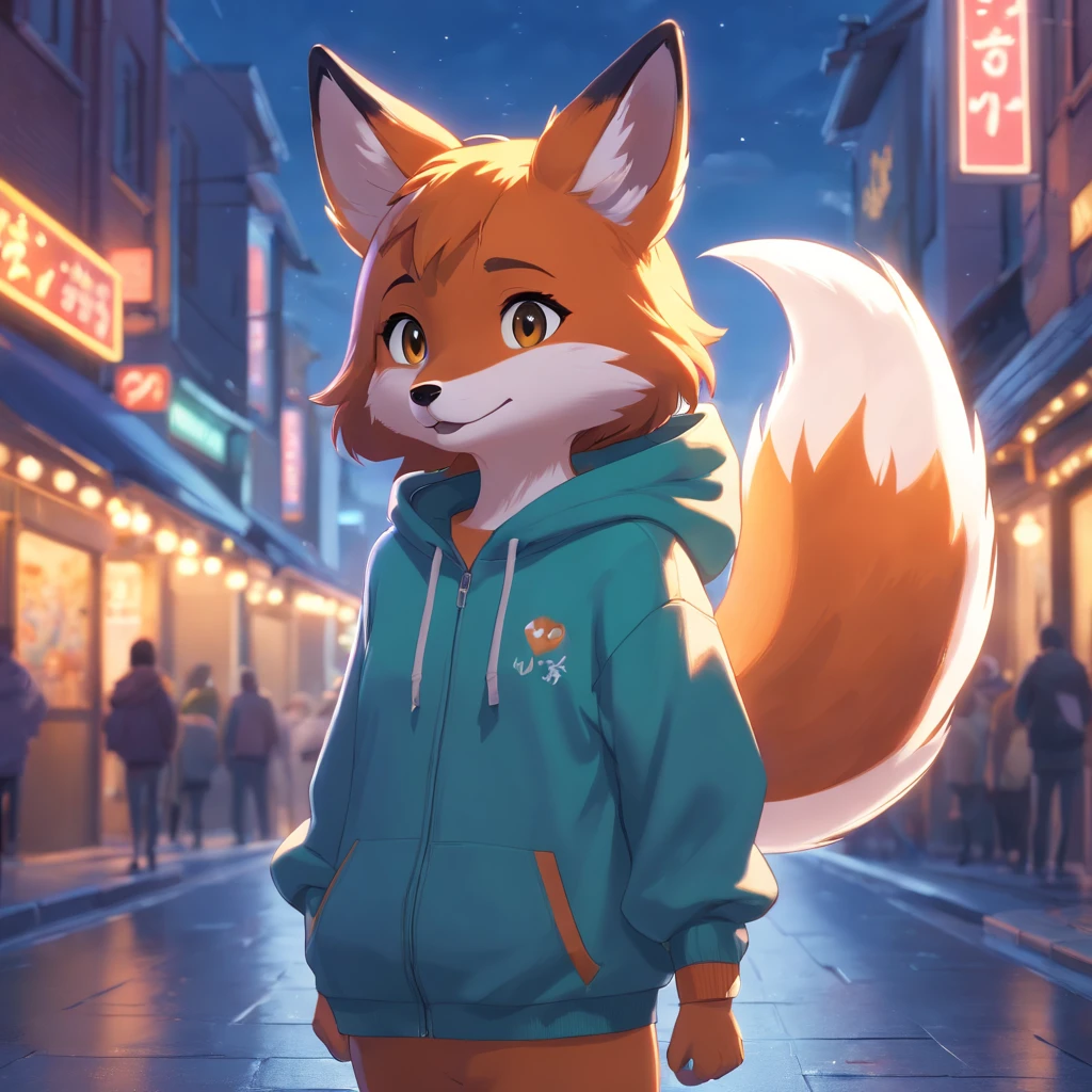 Cute fox in Pixar movie style wearing a hoodie , illuminating, Cinematic lighting, 。.。.3D, Borrowed, ultra - detailed, 8K、Have a camera