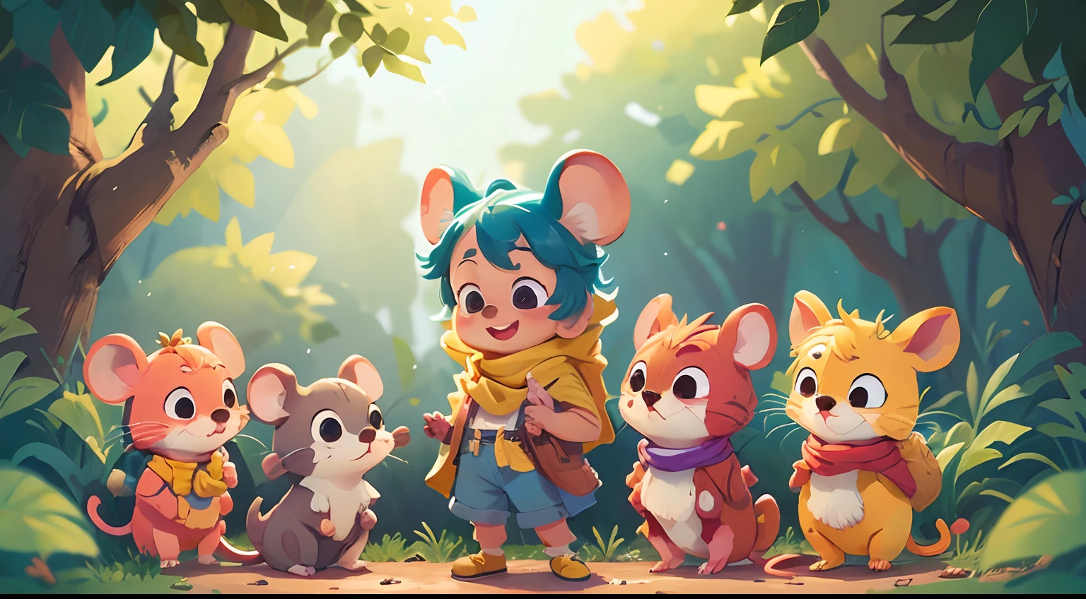 Pimpão is a charming little mouse, um sorriso encantador, Wearing a small yellow and blue colored scarf around her neck, Com Olhos Brilhantes, Pimpão interacting with other farm animals, mostrando sua sociabilidade.