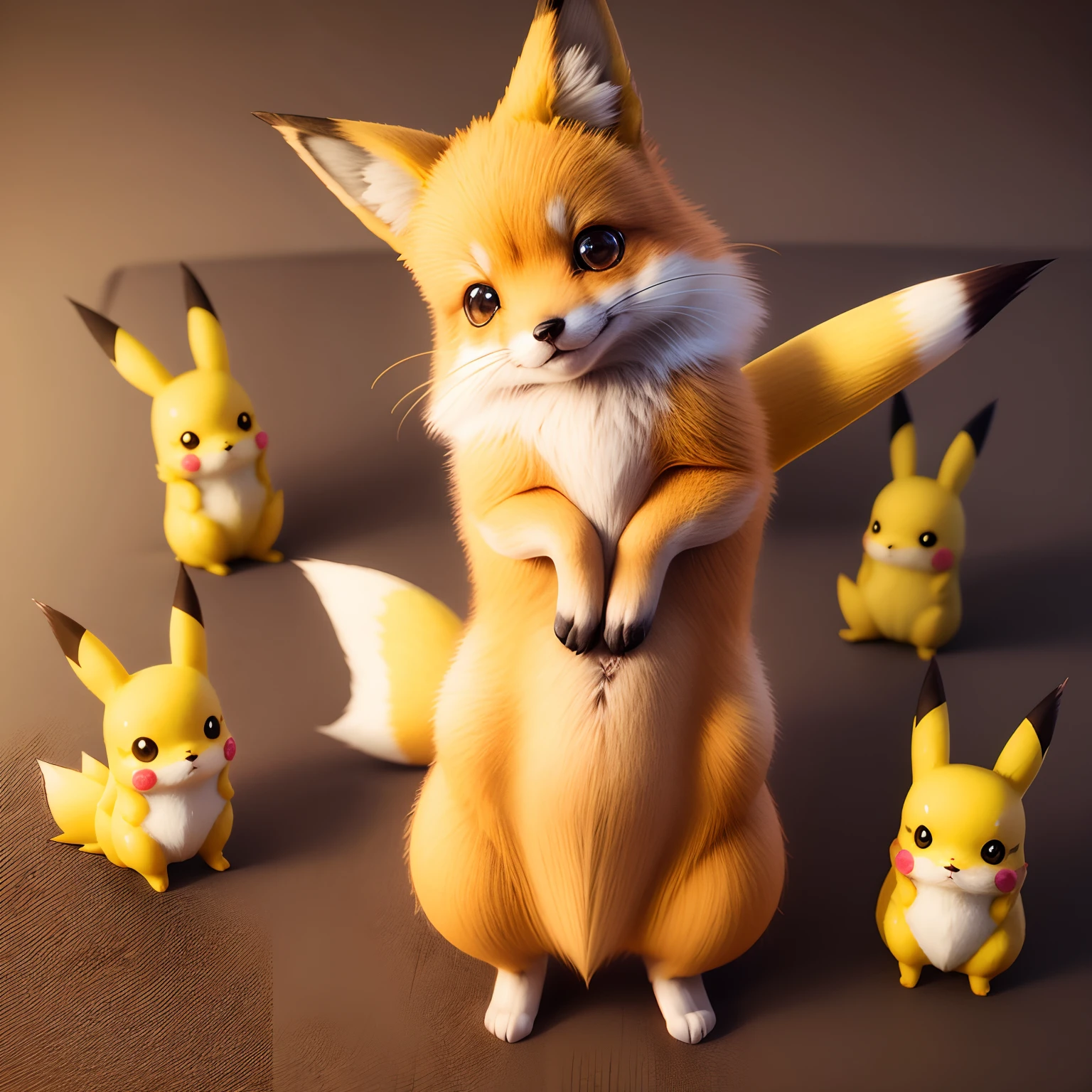 Fox pikachu, fox vestido de Pikachu, fox cute, fox kawaii, fox Chibi, fox pikachu, fox realista, fox detalhado, 3D.